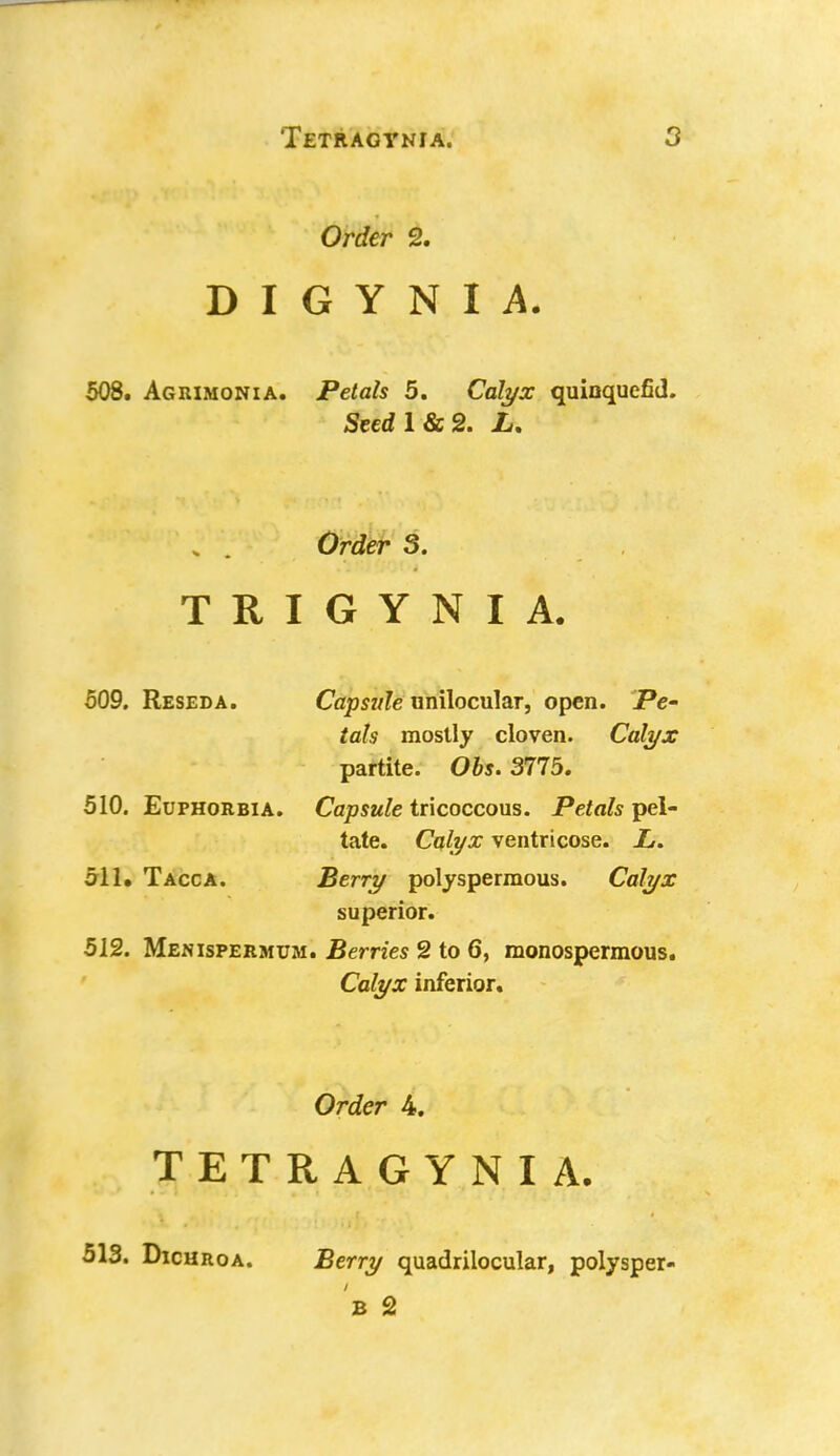 Order 2. D I G Y N I A. 508. Agrimonia. Petals 5. Calyx quinquefid. Seed 1 & 2. L, „ . Order 3. TRIGYNIA. 509. Reseda. Capsule unilocular, open. Pe- tals mostly cloven. Calyx partite. Obs. 3775. 510. Euphorbia. Capsule tricoccous. Petals pel- tate. Calyx ventricose. L. 511. Tacca. Berry polyspermous. Calyx superior. 512. Menispermum. Berries 2 to 6, monospermous. Calyx inferior. Order 4. TETRAGYNIA. 513. Dichroa. Berry quadrilocular, polysper-