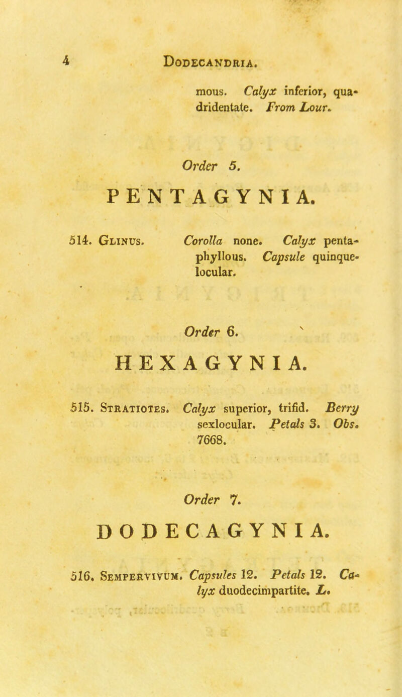 mous. Calyx inferior, qua« dridentate. From Lour* Order 5. PENT AGYNIA. 514. Glinus. Corolla none. Calyx penta- phyllous. Capsule quinque- locular. Order 6. HEXAGYNIA. 515. Stratiotes. Calyx superior, trifid. Berry sexlocular. Petals 3. Obs. 7668. Order 7. DODECAGYNIA. 516. Sempervivum. Capsules 12. Petals 12. Ca- lyx duodecimpartite. It*
