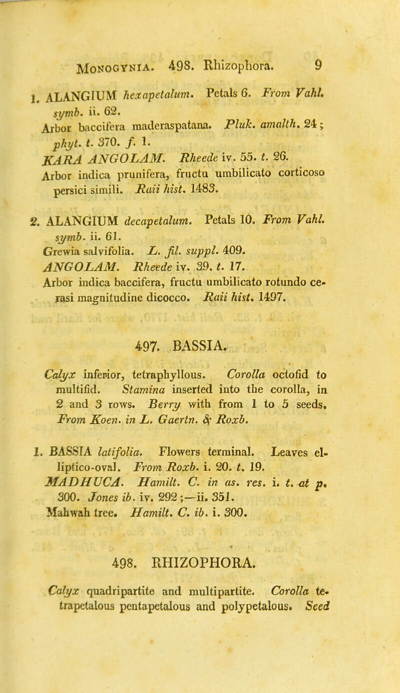 1. ALANGIUM hexapetalum. Petals 6. From Vahl symb. ii. 62. Arbor baccifera maderaspatana. Pluh. amalth. 24; phyt. t. 370. /. 1. KARA ANGOLAM. Rheede iv. 55. t. 26. Arbor indica prunifera, fructu umbilicato corticoso persici simili. Rati hist. 1483. 2. ALANGIUM decapetalum. Petals 10. From Vahl. symb. ii. 61. Grewia salvifolia. JL. Jil. suppl. 409. ANGOLAM. Rheede iv. 39. t. 17. Arbor indica baccifera, fructu umbilicato rotundo ce- rasi magnitudine dicocco. Raii hist, 1497. 497. BASSIA. Calyx inferior, tetraphyllous. Corolla octofid to multifid. Stamina inserted into the corolla, in 2 and 3 rows. Berry with from 1 to 5 seeds. From Koen. in JL. Gaertn. 8? Roxb. 2. BASSIA latifolia. Flowers terminal. Leaves el- liptico-oval. From Roxb. i. 20. t. 19. MADHUCA. Hamilt. C. in as. res. i. t. <A p, 300. Jones ib. iv. 292;—ii. 351. Mahwah tree. Hamilt. C. ib. i. 300. 498. RHIZOPHORA. Calyx quadripartite and multipartite. Corolla te- trapetalous pentapetalous and polypetalous. Seed