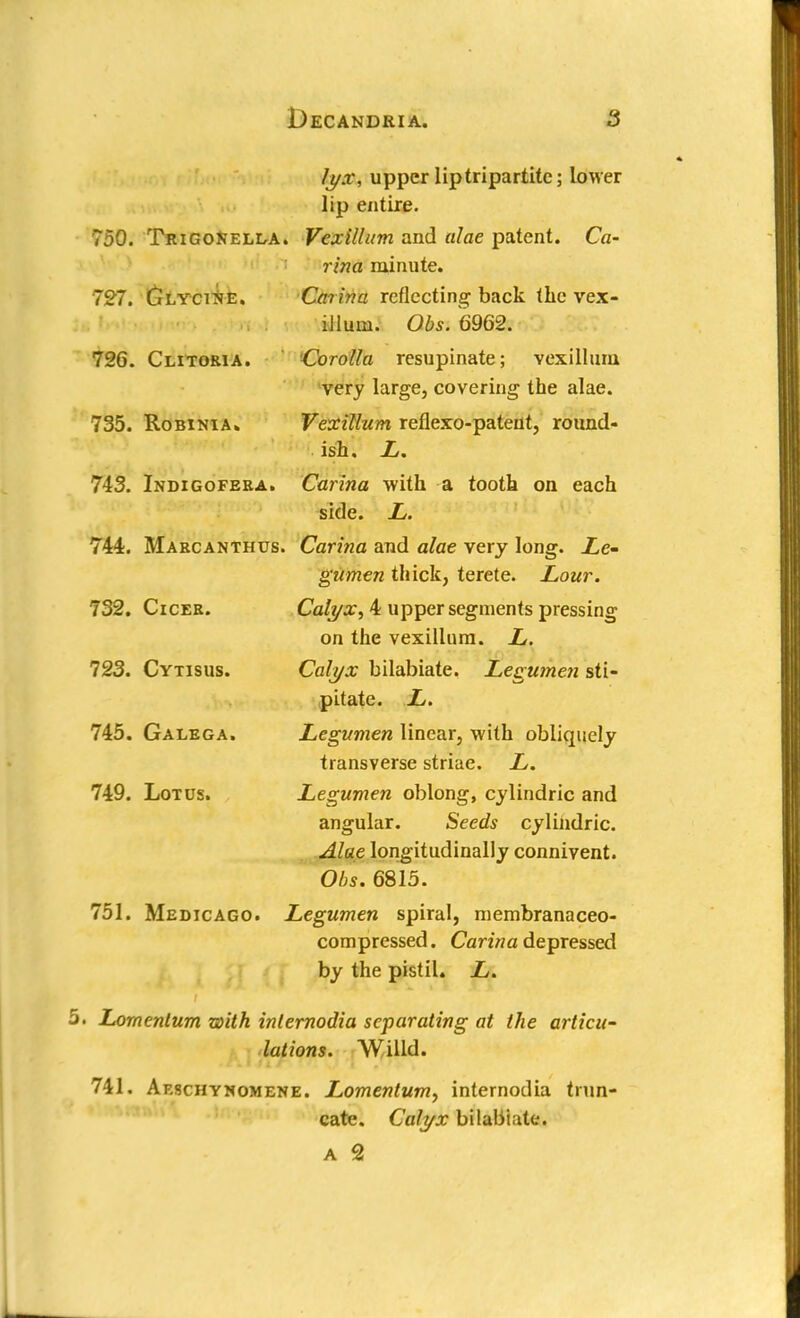 727. Glycine. 726. Clitoria. 735. Robinia. 743. Indigofera. lyx, upper lip tripartite; lower lip entire. 750. Trigonell-a. Vexillum and alae patent. Ca- rina minute. Carina reflecting back the vex- illum. Obs. 6962. Corolla resupinate; vexillum very large, covering the alae. Vexillum reflexo-patent, round- ish. L. Carina with a tooth on. each side. L. 744. Marcanthus. Carina and alae very long. Le- gumen thick, terete. Lour. Calyx, 4 upper segments pressing on the vexillum. L. Calyx bilabiate. Legu?nen sti- pitate. L. Legumen linear, with obliquely transverse striae. L. Legumen oblong, cylindric and angular. Seeds cylindric. Alae longitudinally connivent. Obs. 6815. Legumen spiral, membranaceo- compressed. Carina depressed by the pistil. L. 732. Cicer. 723. Cvtisus. 745. Galega. 749. Lotus. 751. Medicago. 5. Lornenlum with inlernodia separating at the articu- lations. Willd. 741. Aeschynomene. Lornenlum. internodia trun- cate. Calyx bilabiate.