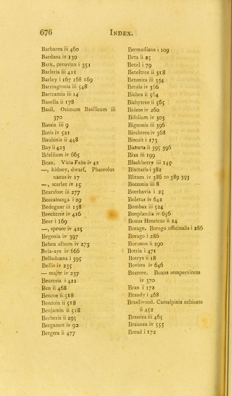 Barbarea iii 460 Bermudiana 1 109 Bardana iv 139 Beta ii 25 Bark, peruvian i 351 Betel i 79 Barleria iii 411 Beteltree ii 318 Barley i 167 168 169 Betonica iii 334 Barringronia iii 548 Betula iv 3^6 Bartramia iii 14 Bichea ii 564 Basella ii 178 Bichytree ii 565 Basil. Ocimum Basilicum iii Bidens iv 260 370 Bifolium iv 303 Bassia iii 9 Bignonia iii 396 Batis iv 521 Birchtreeiv 368 Bauhinia ii 448 Biscuit i 173 Bay H423 Bistorta ii 395 396 Bdellium iv 665 Bixa iii 199 Bean. Vicia Faba iv 42 Blackberry iii 14^ —, kidney, dwarf. Phaseolus Blattariai 382 nanus iv 17 Blitum iv 386 to 389 393 —, scarlet iv 15 Bocconia iii 8 Bearsfoot iii 277 Boerhavia i 2; Beccabunga i 29 Boletus iv 642 Bedeguariii 138 Bombax iii 524 Beechtree iv 416 Bonplandia iv 656 Beer i 169 Bonus Henricus ii 14 —, spruce iv 425 Borage, Borago officinalis i 286 Begonia iv 397 Borago i 286 Behen album iv 273 Borassus ii 290 Bela-aye iv 666 Botria i 471 Belladonna i 39; Botrys ii 18 Bellis iv 23; Bovista iv 646 — major iv 237 Boxtree. Buxus scmpervirens Beureria i 421 iv 370 Ben ii 468 Bran i 172 Benzoe ii 518 Brandy i 468 Benzoin ii 518 Brasilwood. Caesalpinia echinata Benjamin ii 518 ii 452 Berberis ii 295 Brassica iii 465 Bergamot iv 92 Braunea iv 555 Bergera ii 477 Bread i 172