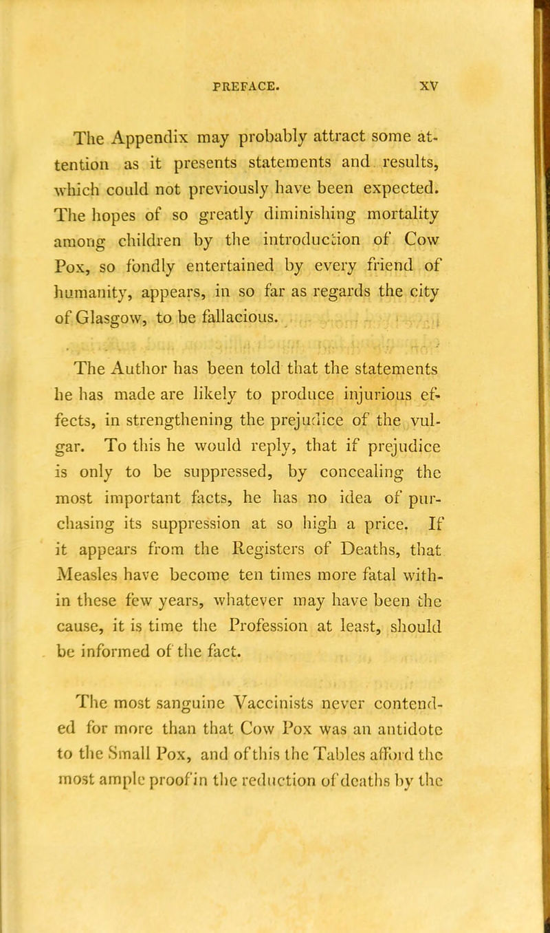 The Appendix may probably attract some at- tention as it presents statements and results, which could not previously have been expected. The hopes of so greatly diminishing mortality among children by the introduction of Cow Pox, so fondly entertained by every friend of humanity, appears, in so far as regards the city of Glasgow, to be fallacious. The Author has been told that the statements he has made are likely to produce injurious ef- fects, in strengthening the prejudice of the vul- gar. To this he would reply, that if prejudice is only to be suppressed, by concealing the most important facts, he has no idea of pur- chasing its suppression at so high a price. If it appears from the Registers of Deaths, that Measles have become ten times more fatal with- in these few years, whatever may have been the cause, it is time the Profession at least, should be informed of the fact. The most sanguine Vaccinists never contend- ed for more than that Cow Pox was an antidote to the Small Pox, and of this the Tables afford the most ample proofin the reduction of deaths by the