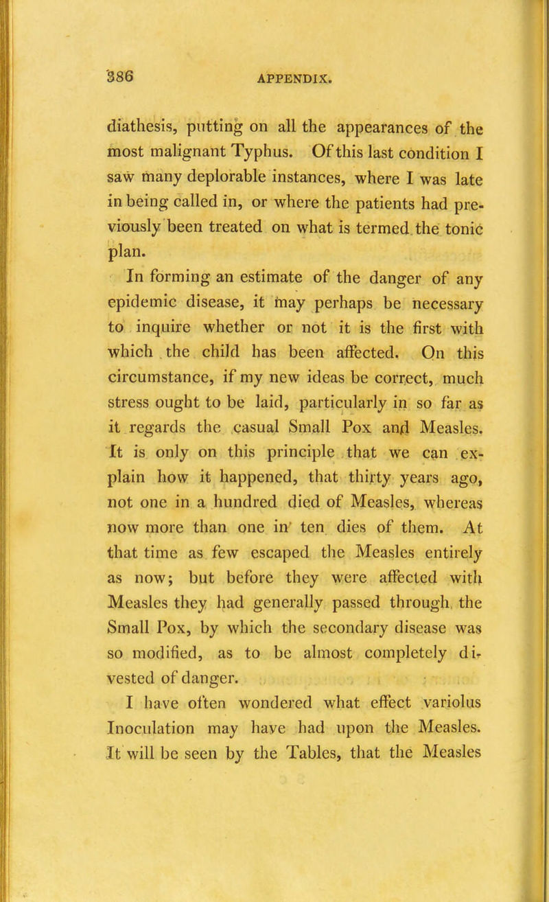 diathesis, putting on all the appearances of the most malignant Typhus. Of this last condition I saw many deplorable instances, where I was late in being called in, or where the patients had pre- viously been treated on what is termed, the tonic plan. In forming an estimate of the danger of any epidemic disease, it may perhaps be necessary to . inquire whether or not it is the first with which the child has been affected. On this circumstance, if my new ideas be correct, much stress ought to be laid, particularly in so far as it regards the casual Small Pox an4 Measles. It is only on this principle that we can ex- plain how it happened, that thirty years ago, not one in a hundred died of Measles, whereas now more than one in' ten dies of them. At that time as few escaped the Measles entirely as now; but before they were affected with Measles they had generally passed through, the Small Pox, by which the secondary disease was so modified, as to be almost completely di^ vested of danger. I have often wondered what effect yariolus Inoculation may have had upon the Measles. It will be seen by the Tables, that the Measles