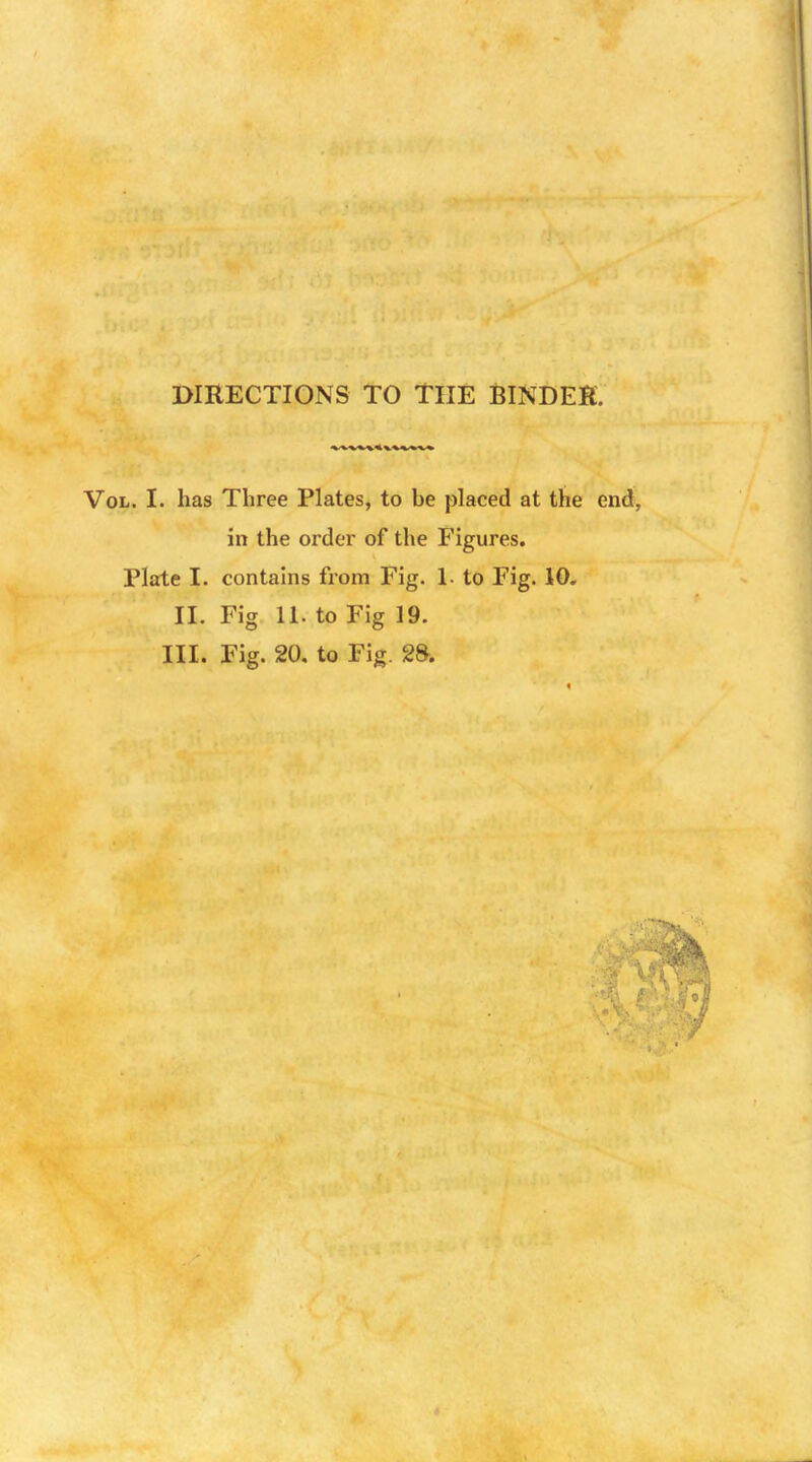 DIRECTIONS TO THE BINDEK. Vol. I. has Three Plates, to be placed at the end, in the order of the Figures. Plate I. contains from Fig. L to Fig. 10. II. Fig 11. to Fig 19. III. Fig. 20. to Fig. 28.