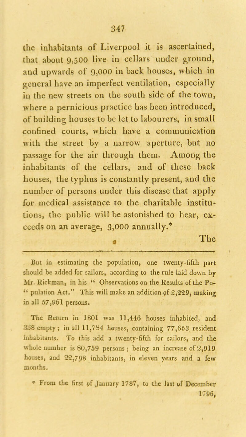 the inhabitants of Liverpool it is ascertained, that about 9,500 live in cellars under ground, and upwards of 9,000 in back houses, which in general have an imperfect ventilation, especially in the new streets on the south side of the town, where a pernicious practice has been introduced, of building: houses to be let to labourers, in small confined courts, which have a communication with the street by a narrow aperture, but no passage for the air through them. Among the inhabitants of the cellars, and of these back houses, the typhus is constantly present, and the number of persons under this disease that apply for medical assistance to the charitable institu- tions, the public will be astonished to hear, ex- ceeds on an average, 3,000 annually.* The But in estimating the population, one twenty-fifth part should be added for sailors, according to the rule laid down by Mr. Rickman, in his  Observations on the Results of the Po- *' pulation Act. This will make an addition pf 2,229, making in all 57,961 persons. The Return in 1801 was 11,446 houses inhabited, and 338 empty; in all 11,784 houses, containing 77,653 resident inhabitants. To this add a twenty-fifth for sailors, and the whole number is 80,759 persons; being an increase of2,919 houses, and 22,798 inhabitants, in eleven years and a few months. * From the first pf January 1787, to the last of December 1796,