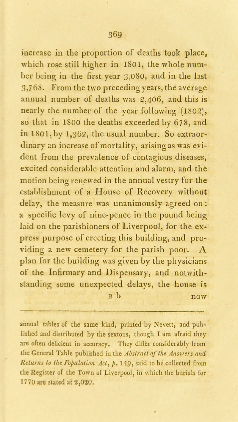 increase in the proportion of deaths took place, which rose still higher in 1801, the Avhole num- ber being in the first year 3,080, and in the last 3,7 ti^- From the two preceding years, the average annual number of deaths was 2,406, and this is nearly the number of the year following f l802), so that in 1800 the deaths exceeded by 678, and in I801, by 1,362, the usual number. So extraor- dinary an increase of mortality, arising as was evi- dent from the prevalence of contagious diseases, excited considerable attention and alarm, and the motion being renewed in the annual vestry for the establishment of a House of Recovery without delay, the measure was unanimously agreed on: a specific levy of nine-pence in the pound being laid on the parishioners of Liverpool, for the ex- press purpose of erecting this building, and pro- viding a new cemetery for the parish poor. A plan for the building was given by the physicians of the Infirmary and Dispensary, and notwith* standing some unexpected delays, the house is B b now annual tables of the same kind, printed by Nevett, and pub- lished and distributed by the sextons, though I am afraid they are often deficient in accuracy. They differ considerably from the General Table published in the Abstract of the Answers and Returns to the Population Act, p. 149, said to be collected from the Register of the Town of Liverpool, in \Yhich the burials for 1770 are stated at 2,020.