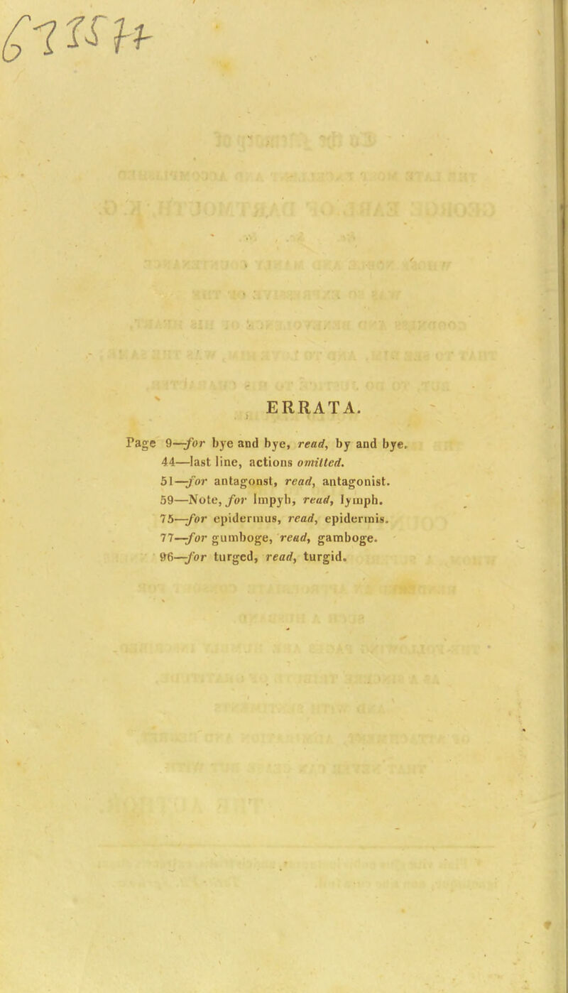 ERRATA. Page 9—for bye and bye, read, by and bye, 44—last line, actions omilled. 51—for antagonst, read, antagonist. 59—Note,/or Impyb, read, lyuipb. 75—for epidennus, read, epidermis. 77—for giimboge, read, gamboge. 96—for turgcd, read, turgid.