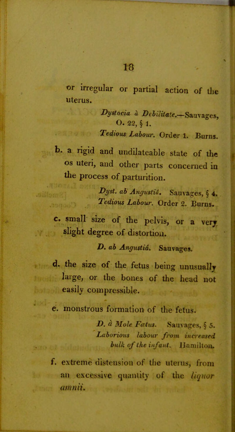 or irregular or partial action of tlie uterus. Dystocia a Debilitate.—SAuxages, O. 22, § 1. Tedious Labour. Order 1. Burns. b. a rigid and undilateable state of the OS uteri, and other parts concerned in the process of parturition. Di/st. ab Angustii. Sauvages, § 4. Tedious Labour. Order 2. Burns. c. small size of the pelvis, or a very slight degree of distortiou. D. ab Angustid. Sauvages, d. the size of the fetus being unusually large, or the bones of the head not easily compressible. e. monstrous formation of the fetus. D. a Mole Fatus. Saiivaj^es, § 5. Laborious labour from increased bulk of the infant. JJ;in)ihoii. f. extreme distension of the uterus, from an excessive quantity of the liquor amnii.