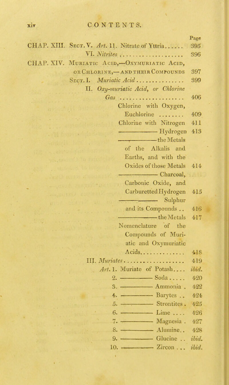Page CHAP. XIII. Sect.V. Art. 11. Nitrate of Yttria 395 VI. Nitrites 396 CHAP. XIV. Muriatic Acid,—Oxymuriatic Acid, OR Chloride,— and their Compounds 397 Sect. I. Muriatic Acid 399 II. Oxy-muriatic Acid, or Chlorine Gas 406 Chlorine with Oxygen, Euchlorine 409 Chlorine with Nitrogen ^ll Hydrogen 413 : the Metals of the Alkalis and Earths, and with the Oxides of those Metals 414 Charcoal, Carbonic Oxide, and Carburetted Hydrogen 415 Sulphur and its Compounds ., 416 the Metals 417 Nomenclature of the Compounds of Muri- atic and Oxymuriatic Acids 418 III. Muriates 419 Art. 1. Muriate of Potash.... ibid. 2. Soda 420 3. Ammonia . 422 4. Barytcs 424 5. : Strontites . 425 6. Lime 426 7. Magnesia . 4'27 8. Alumine.. 428 9. Glucine .. ibid.