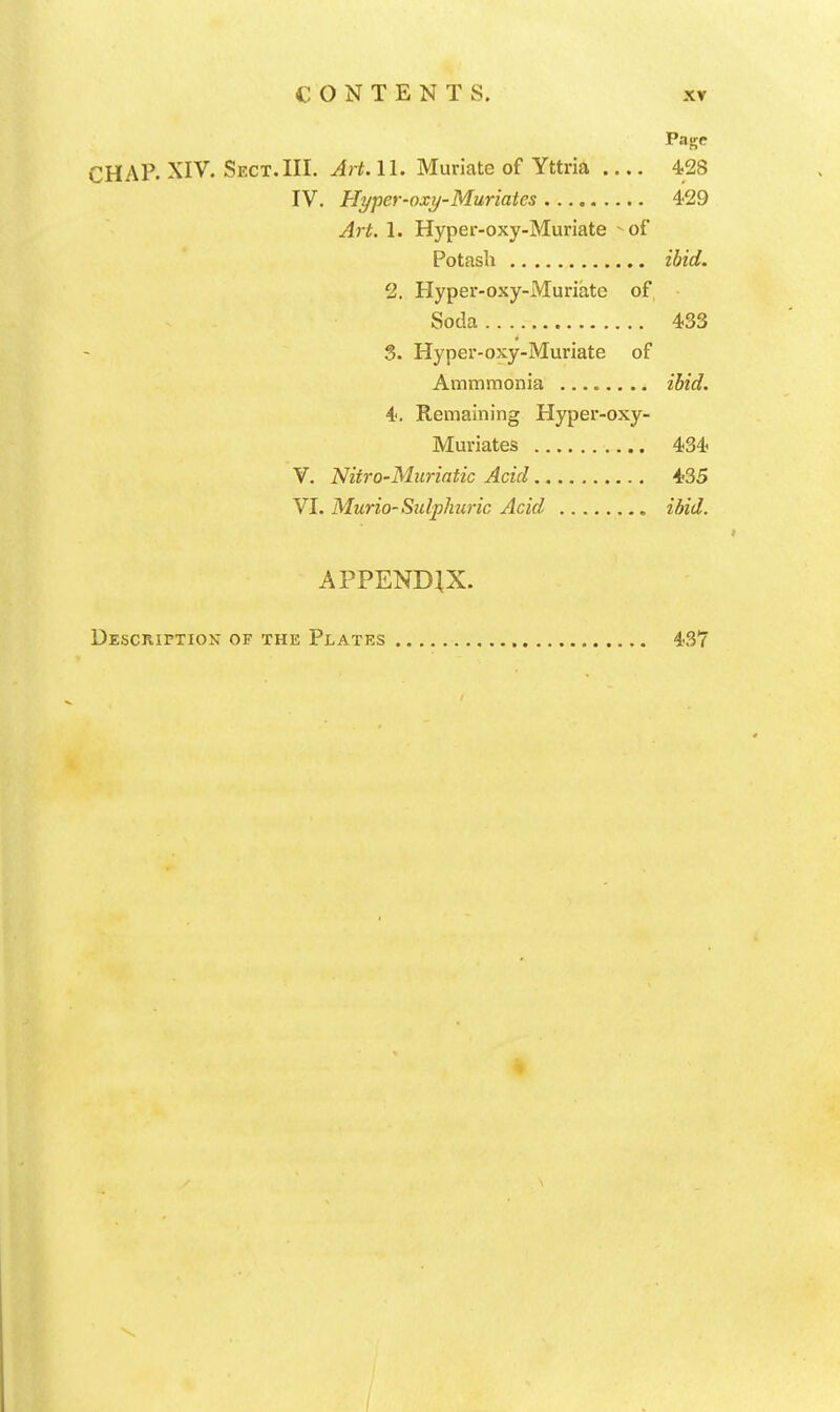 Page CHAP. XIV. Sect. III. Art. 11. Muriate of Yttria 428 IV. Hyper-oxy-Muriates 429 Art. 1. Hyper-oxy-Muriate ^ of Potash ibid. 2. Hyper-oxy-Muriate of Soda 433 S. Hyper-oxy-Muriate of Ammmonia ibid. 4. Remaining Hyper-oxy- Muriates 434 V. Nitro-Muriatic Acid 435 VI. Murio-Sulphuric Acid ibid. APPENDIX. Description of the Plates 437