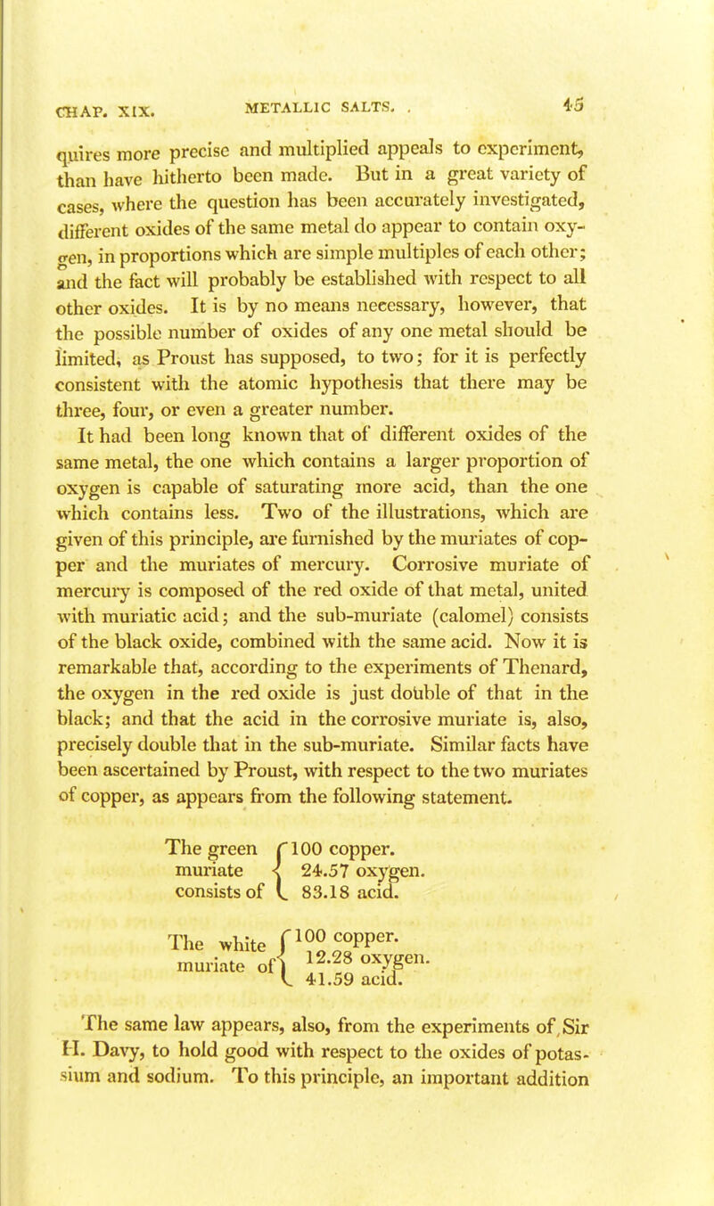 quires more precise and multiplied appeals to experiment, than have hitherto been made. But in a great variety of cases, where the question has been accurately investigated, different oxides of the same metal do appear to contain oxy- o-en, in proportions which are simple multiples of each other; and the fact will probably be established with respect to all other oxides. It is by no means necessary, however, that the possible number of oxides of any one metal should be limited, as Proust has supposed, to two; for it is perfectly consistent with the atomic hypothesis that there may be three, four, or even a greater number. It had been long known that of different oxides of the same metal, the one which contains a larger proportion of oxygen is capable of saturating more acid, than the one which contains less. Two of the illustrations, which are given of this principle, ai'e furnished by the muriates of cop- per and the muriates of mercury. Corrosive muriate of mercury is composed of the red oxide of that metal, united with muriatic acid; and the sub-muriate (calomel) consists of the black oxide, combined with the same acid. Now it is remarkable that, according to the experiments of Thenard, the oxygen in the red oxide is just doUble of that in the black; and that the acid in the corrosive muriate is, also, precisely double that in the sub-muriate. Similar facts have been ascertained by Proust, with respect to the two muriates of copper, as appears from the following statement. green T100 copper, iriate < 24.57 oxygen, isistsof V. 83.18 acid. The white r?Sj°PP'^- muriate of| l?'?? The^ muriate consists 41.59 acid. The same law appears, also, from the experiments of. Sir H. Davy, to hold good with respect to the oxides of potas- sium and sodium. To this principle, an important addition