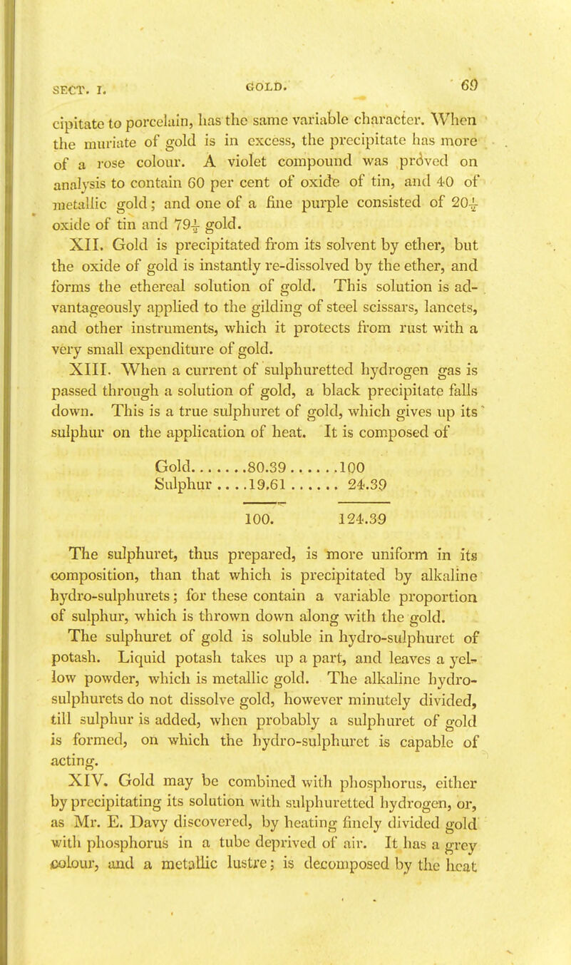 60 cipitato to porcelain, has the same variable character. When the muriate of gold is in excess, the precipitate has more of a rose colour. A violet compound was proved on analysis to contain 60 per cent of oxide of tin, and 40 of metallic gold; and one of a fine purple consisted of 20^ oxide of tin and 79^ gold. XII. Gold is precipitated from its solvent by ether, but the oxide of gold is instantly re-dissolved by the ether, and forms the ethereal solution of gold. This solution is ad- . vantageously applied to the gilding of steel scissars, lancets, and other instruments, which it protects from rust with a very small expenditure of gold. XIII. When a current of sulphuretted hydrogen gas is passed through a solution of gold, a black precipitate falls down. This is a true sulphuret of gold, which gives up its' sulphur on the application of heat. It is composed of Gold 80.39 100 Sulphur 19.61 24.39 100. 124.39 The sulphuret, thus prepared, is more uniform in its composition, than that which is precipitated by alkaline hydro-sulphurets; for these contain a variable proportion of sulphur, which is thrown down along with the gold. The sulphuret of gold is soluble in hydro-sulphurct of potash. Liquid potash takes up a part, and leaves a yeU low powder, which is metallic gold. The alkaline hydro- sulphurets do not dissolve gold, however minutely divided, till sulphur is added, when probably a sulphuret of gold is formed, on which the hydro-sulphuret is capable of acting. XIV. Gold may be combined with phosphorus, either by precipitating its solution with sulphuretted hydrogen, or, as Mr. E. Davy discovered, by heating finely divided gold v/ith phosphorus in a tube deprived of air. It has a grey (Colour, and a metallic lustre; is decomposed by the heat