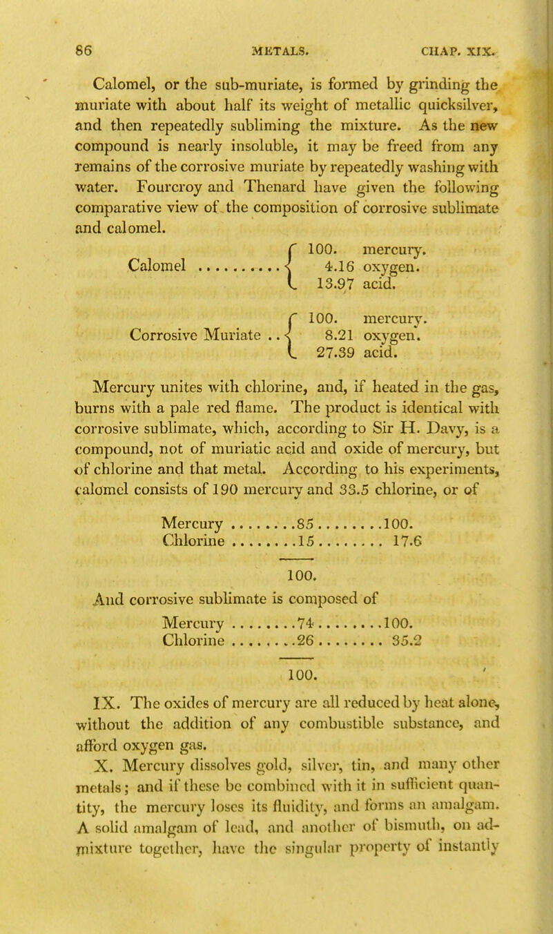 Calomel, or the sub-muriate, is formed by grinding the muriate with about half its weight of metallic quicksilver, and then repeatedly subliming the mixture. As the new compound is nearly insoluble, it may be freed from any remains of the corrosive muriate by repeatedly washing with water. Fourcroy and Thenard have given the following comparative view of the composition of corrosive sublimate and calomel. r 100. mercury. Calomel < 4.16 oxygen. V. 13.97 acid. r 100. mercury. Corrosive Muriate .. < 8.21 oxygen. L 27.39 acid. Mercury unites with chlorine, and, if heated in the gas, burns with a pale red flame. The product is identical with corrosive sublimate, which, according to Sir H. Davy, is a compound, not of muriatic acid and oxide of mercury, but of chlorine and that metal. According to his experiments, calomel consists of 190 mercury and 33.5 chlorine, or of Mercury 85 100. Chlorine 15 17.6 100. And corrosive sublimate is composed of Mercury 74 100. Chlorine ..26 35.2 100. IX. The oxides of mercury are all reduced by heat alone, without the addition of any combustible substance, and afford oxygen gas. X. Mercury dissolves gold, silver, tin, and many otlier metals; and if these be combined with it in sufficient quan- tity, the mercury loses its fluidity, and forms an amalgam. A solid amalgam of lead, and another of bismuth, on ad- mixture together, liavc tlic singular property of instantly