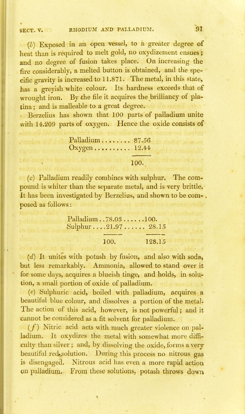 {b) Exposed in an open vessel, to a greater degree of heat than is required to melt gold, no oxydizeinent ensues; and no degree of fusion takes place. On increasing the fire considerably, a melted button is obtained, and the spe- cific gravity is increased to 11.871. The metal, in this state, has a greyish white colour. Its hardness exceeds that of wrought iron. By the file it acquires the brilliancy of pla- tina; and is malleable to a great degree. ■ Berzelius has shown that 100 parts of palladium unite with 14.209 parts of oxygen. Hence the oxide consists of Palladium 87.56 Oxygen 12.44? 100. (c) Palladium readily combines with sulphur. The com- pound is whiter than the separate metal, and is very brittle. It has been investigated by Berzelius, and shown to be com- , posed as follows: Palladium. .78.03 100. Sulphur 21.97 28.15 100. 128.15 (d) It unites with potash by fusion, and also with soda, but less remarkably. Ammonia, allowed to stand over it for some days, acquires a blueish tinge, and holds, in solu- tion, a small portion of oxide of palladium. {c) Sulphuric acid, boiled with palladium, acquires a beautiful blue colour, and dissolves a portion of the metal. The action of this acid, however, is not powerful; and it cannot be considered as a fit solvent for palladium. (f) Nitric acid acts with much greater violence on pal- ladium. It oxydizes the metal with somewhat more diffi- culty than silver ; and, by dissolving the oxide, forms a very beautiful red»^olution. During this process no nitrous gas is disengaged. Nitrous acid has even a more rapid action on palladium.. From these solutions, potash throws down