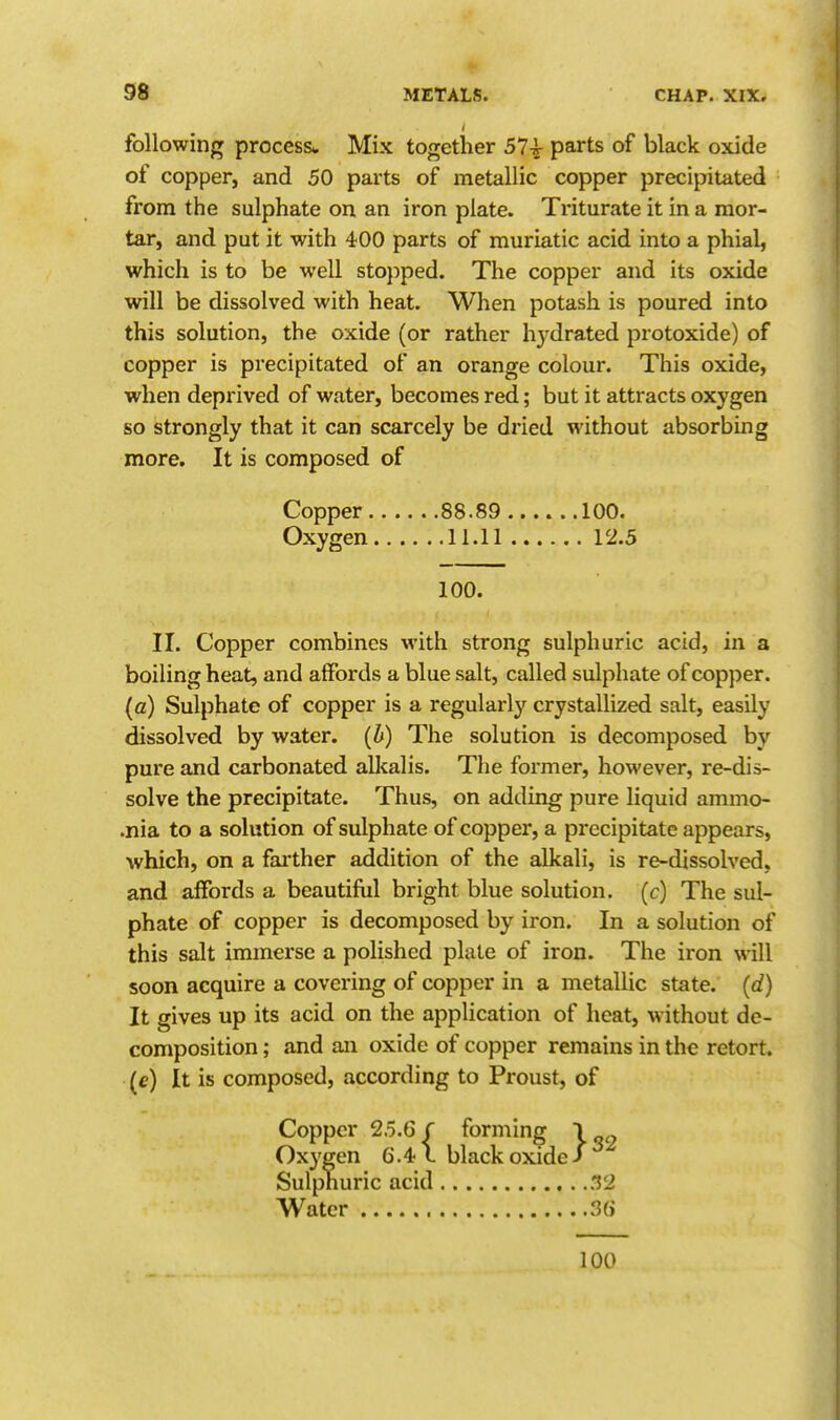 following process. Mix together 571 parts of black oxide of copper, and 50 parts of metallic copper precipitated from the sulphate on an iron plate. Triturate it in a mor- tar, and put it with 400 parts of muriatic acid into a phial, which is to be well stopped. The copper and its oxide will be dissolved with heat. When potash is poured into this solution, the oxide (or rather hj^drated protoxide) of copper is precipitated of an orange colour. This oxide, when deprived of water, becomes red; but it attracts oxygen so strongly that it can scarcely be dried without absorbing more. It is composed of Copper 88.89 100. Oxygen 11.11 12.5 100. II. Copper combines with strong sulphuric acid, in a boiling heat, and affords a blue salt, called sulphate of copper. (a) Sulphate of copper is a regularly crystallized salt, easily dissolved by water, (b) The solution is decomposed by pure and carbonated allcalis. The former, however, re-dis- solve the precipitate. Thus, on adding pure liquid ammo- •nia to a solution of sulphate of copper, a precipitate appears, which, on a fai'ther addition of the alkali, is re-dissolved, and affords a beautiful bright blue solution, (c) The sul- phate of copper is decomposed by iron. In a solution of this salt immerse a polished plate of iron. The iron will soon acquire a covering of copper in a metallic state, (d) It gives up its acid on the application of heat, without de- composition ; and an oxide of copper remains in the retort, (e) It is composed, according to Proust, of Copper 25.6 C forming 1 _ Oxj'gen 6.4-1 black oxide/ SulpTiuric acid .'52 Water 3(> 100