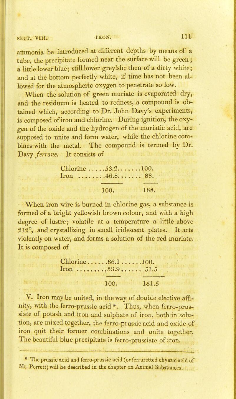 ammonia be introduced at different depths by means of a tube, the precipitate formed near the surface will be green; a little lower blue; still lower greyish; then of a dirty white; and at the bottom perfectly white, if time has not been al- loived for the atmospheric oxygen to penetrate so low. When the solution of green muriate is evaporated dry, and the residuum is heated to redness, a compound is ob- tained which, according to Dr. John Davy's experiments, is composed of iron and chlorine. During ignition, the oxy- gen of the oxide and the hydrogen of the muriatic acid, are supposed to unite and form water, while the chlorine com- bines with the metal. The compound is termed by Dr. Davy ferrane. It consists of Chlorine 53.2 100. Iron 46.8 88. 100. 188. When iron wire is burned in chlorine gas, a substance is formed of a bright yellowish brown colour, and with a high degree of lustre; volatile at a temperature a little above 212°, and crystallizing in small iridescent plates. It acts violently on water, and forms a solution of the red muriate. It is composed of » Chlorine 66.1 100. Iron 33.9 51.5 100. 1^1.5 V. Iron may be united, in the way of double elective affi- nity, with the ferro-prussic acid *. Thus, when ferro-prus- siate of potash and iron and sulphate of iron, both in solu- tion, are mixed together, the ferro-prussic acid and oxide of iron quit their former combinations and unite together. The beautiful blue precipitate is ferro-prussiate of iron. * The prussic acid and ferro-prussic acid (or ferruretted chyazic acid of Mr. Porrett) will be described in the chapter on Animal Substances.