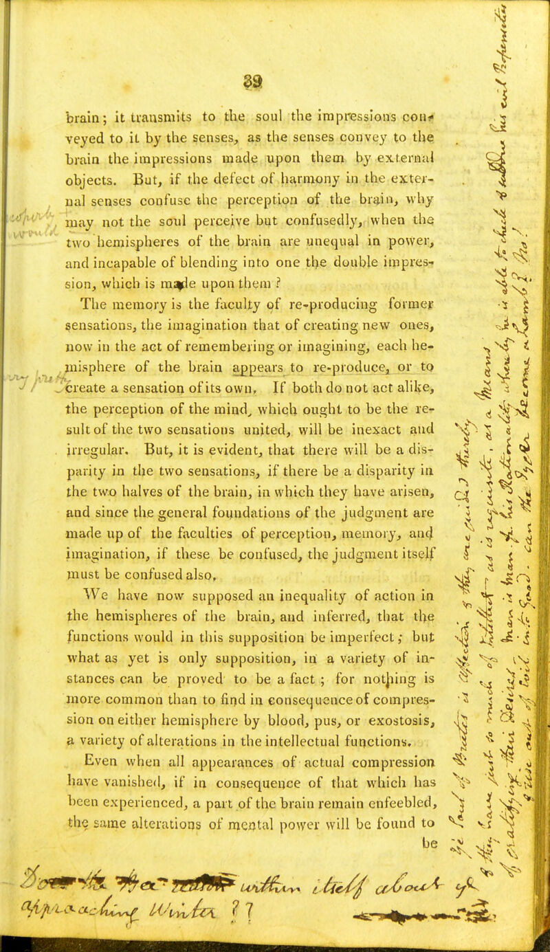 veyed to it by the senses, as the senses convey to the brain the impressions made upon them by external objects. J3ut, if the defect of harmony in the exter- nal senses confuse the perception of the brain, why may not the soul perceive but confusedly, when the two hemispheres of the brain are unequal in power, and incapable of blending into one tlie double impres- sion, which is m^de upon them ? The memory is the faculty of re-producing former sensations, the imagination that of creating new ones, now in the act of remembering or imagining, each he- misphere of the brain appears to re-produce., or to create a sensation of its own, If both do not act alike, the perception of the mind, which ought to be the re- sult of the two sensations united, will be inexact and irregular. But, it is evident, that there will be a dis- parity in the two sensations, if there be a disparity in the two halves of the brain, in which they have arisen, and since the general foundations of the judgment are 5 made up of the faculties of perception, memory, and <j imagination, if these be confused, the judgment itself ^ must be confused also, vi^ We have now supposed an inequality of action in the hemispheres of the brain, and inferred, that trie functions would in this supposition be imperfect; but what as yet is only supposition, in a variety of in- stances can be proved to be a fact ; for notjiing is more common than to find in consequence of compres- sion on either hemisphere by blood, pus, or exostosis, a variety of alterations in the intellectual functions. Even when all appearances of actual compression have vanished, if in consequence of that which has been experienced, a part of the brain remain enfeebled, N| ^ \£n the same alterations of mental power will be found to V sj \ be *J> ojh 3