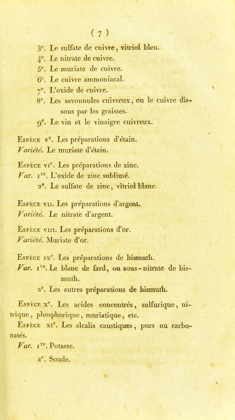 I ( 7 ) 3e. Le sulfate de cuivre, vitriol bleu. 4C. Le nitrate de cuivre. 5e. Le muriate de cuivre. 6e. Le cuivre ammoniacal. 7e. L'oxide de cuivre. 8e. Les savonnules cuivreux, ou le cuivre dis-f sous par les graisses. 9e. Le vin et le vinaigre cuivreux. Espece ve. Les preparations d'etain. Vaviete. Le muriate d'etain. Espece vie. Les preparations de zinc. Var. ire. L'oxide de zinc sublime. 2e. Le sulfate de zinc, vitriol blanc. Espece vii. Les preparations d'argent. Variete. Le nitrate d'argent. Espece viii. Les preparations d'or. Variete. Muriate d'or. Espece ixe. Les preparations de bismuth. Var. ire. Le blanc de fard, ou sous-nitrate de bis- muth. 2e. Les autres preparations de bismuth. Espece xc. Les acides concentres, sulfurique, ni- trique, phosphorique, muriatique, etc. Espece xie. Les alcalis caustiques, purs ou carbo- nates. Var. ire. Potasse. ae» Soude.