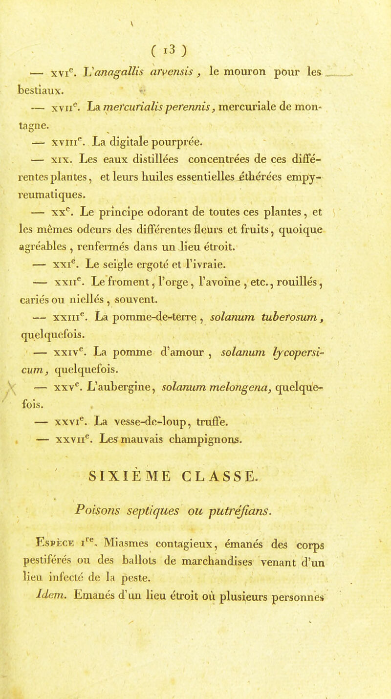 C *3 ) ■— xvic. Uanagallis arvensis, le mouron pour les . bestiaux. — xvne. La mercurialis perennis, mercuriale de mon- tagne. — xvme. La digitale pourpree. — xix. Les eaux distillees concentrees de ces diffe- rentes plantes, et leurs huiles essentielles etlierees empy- reumatiques. — xxe. Le principe odorant de toutes ces plantes, et les memes odeurs des difTerentes fleurs et fruits, quoique agreables , renfermes dans un .lieu etroit. — xxie. Le seigle ergote et l'ivraie. — xxne. Le froment, l'orge, l'avoine , etc., rouilles, caries ou nielles , souvent. — xxme. La pomme-de-terre, solarium tuberosum, quelquefois. — xxive. La pomme d'amour , solarium lycopersi- cum, quelquefois. — xxve. L'aubergine, solarium melongena, quelque- fois. — xxvie. La vesse-de-loup, truffe. — xxvne. Lesmauvais cbampignons. SIXIEME CLASSE. Poisons septiques ou putrefians. Espece ire. Miasmes contagieux, emanes des corps pestiferes ou des ballots de merchandises venant d'un lieu infecle de la peste. Idem. Emaues d'un lieu etroit ou plusieurs personnes