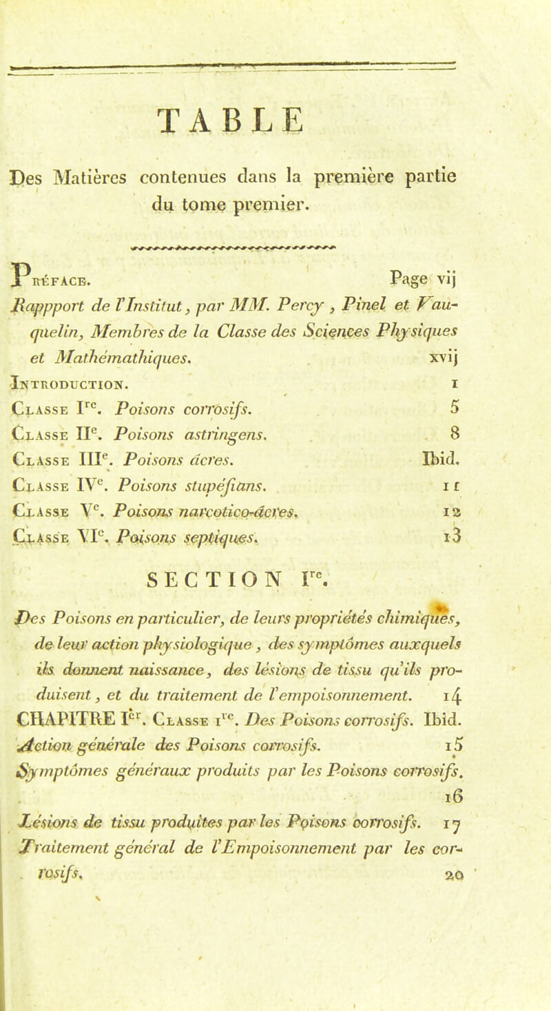 TABLE Des Matieres contenues dans la premiere partie du tome premier. Preface. Page vij Rappport de TInstitut, par MM. Percy , Pinel et Vau- qnelin, Membres de la Classe des Sciences Physiques et Mathemathiques. xvij Introduction. i Classe Irc. Poisons coirosifs. 5 Classe IP. Poisons astringens. 8 Classe IIP. Poisons acres. Ibid. Classe IVe. Poisons stupejians. 11 Classe Ve. Poisons narcoticordcres. 13 Classe VP. Poisons septiques. i-3 SECTION rc. ftes Poisons en paiticulier, de leurs proprietes chimiques, de leur action physiologique, des symptomes auxquels Us. donuent naissance, des lesions de tissu quils pro- duisent, et du traitement de Vempoisonnement. 14 CHAPITRE P1. Classe ile. Des Poisons corrosifs. Ibid. Action generate des Poisons corrosifs. i5 Symptomes generaux produits par les Poisons corrosifs. 16 Xesions de tissu produites par les Poisons corrosifs. i j traitement general de VEmpoisonnement par les cor- rosifs. ao