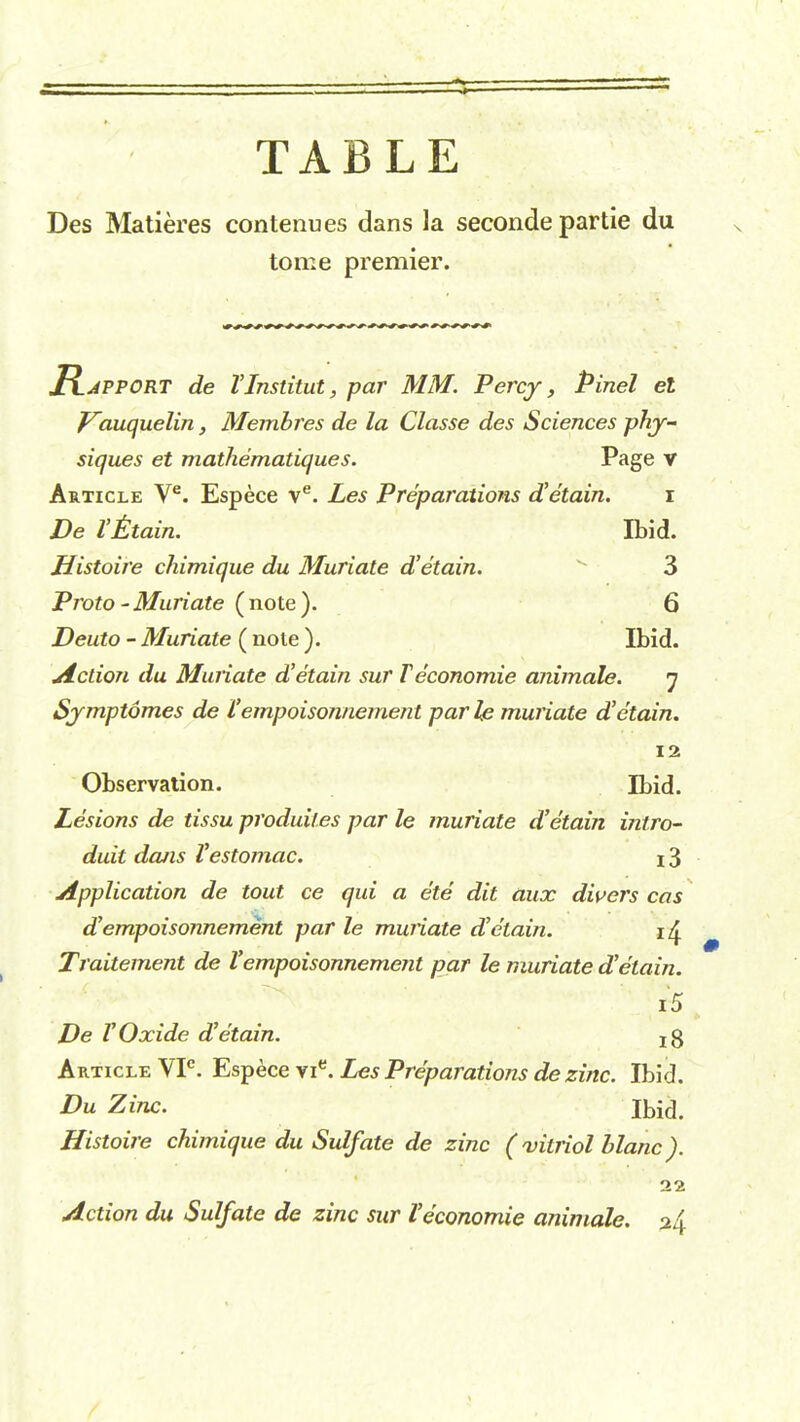 TABLE Des Matieres contenues dans la seconde par tie du tome premier. Rapport de TInstitut, par MM. Percy, Pinel el J^auquelin, Membres de la Classe des Sciences phy- siques et mathematiques. Page v Article Ve. Espece ve. Les Preparations d'etain. i De I'fctain. Ibid. Histoire chimique du Muriate d'etain. 3 Proto-Muriate (note). 6 Deuto - Muriate ( note ). Ibid. Action du Muriate d'etain sur Teconomie animate. j Symptomes de I'empoisonnement par le muriate d'etain. 12 Observation. Ibid. Lesions de tissu produil.es par le muriate d'etain intro- duit dans Vestomac. 13 Application de tout ce qui a ete dit aux divers cas d'empoisonnement par le muriate d'etain. Traitement de I'empoisonnement par le muriate d'etain. tS De VOxide d'etain. xg Article VP. Espece vie. Les Preparations de zinc. Ibid. Du Zinc. Ibid. Histoire chimique du Sulfate de zinc ('vitriol blanc). 22 Action du Sulfate de zinc sur 1'economie animate. ^4