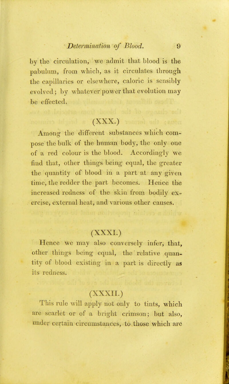 by the circulation, we admit that blood is the pabulum, from which, as it circulates through the capillaries or elsewhere, caloric is sensibly evolved; by whatever power that evolution may be effected. oowam *>{ J-i.l n (XXX.) r,m*a sill *wifeti Among* the different substances which com- pose the bulk of the human body, the only one of a red colour is the blood. Accordingly we find that, other things being equal, the greater the quantity of blood in a part at any given time, the redder the part becomes. Hence the increased redness of the skin from bodily ex- ercise, external heat, and various other causes. (XXXI.) Hence we may also conversely infer, that, other things being equal, the relative quan- tity of blood existing in a part is directly as its redness. (XXXII.) This rule will apply not only to tints, which are scarlet or of a bright crimson; but also, under certain circumstances, to those which are