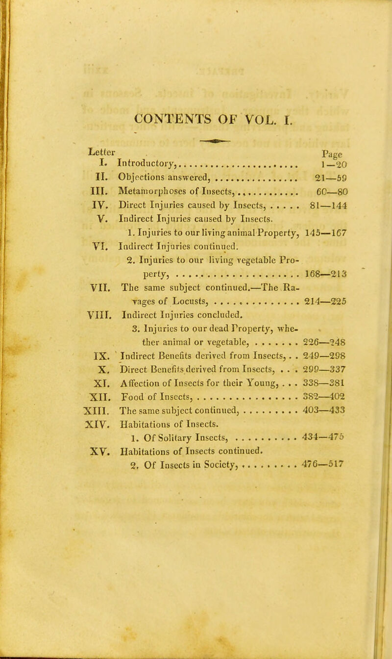 CONTENTS OF VOL. L Letter Page I. Introductory, 1—20 II. Objections answered, 21—69 III. Metamorphoses of Insects,.. 6C—80 IV. Direct Injuries caused by Insects, 81—144 V. Indirect Injuries caused by Insects. 1. Injuries to our living animal Property, 145—167 VI. Indirect Injuries continued. 2. Injuries to our living vegetable Pro- perty, 168—213 VII. The same subject continued.—The Ra- vages of Locusts, 214—225 VIII. Indirect Injuries concluded. 3. Injuries to our dead Property, whe- ther animal or vegetable, 226—'248 IX. Indirect Benefits derived from Insects, . . 249—298 X. Direct Benefits derived from Insects, . . . 299—337 XT. Affection of Insects for their Young, . . . 338—381 XII. Food of Insects, 3S2—402 XIII. The same subject continued, 403—433 XIV. Habitations of Insects. 1. Of Solitary Insects, 434—47^ XV. Habitations of Insects continued. 2. Of Insects in Society, 476—517