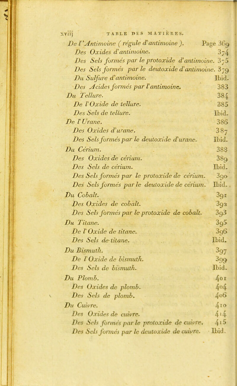 De VAntimoine ( régule d'antimoine ). Page iCtj Des Oxides d'antimoine. 374 Des Sels formés par le protoxide d'antimoine. 3^5 Des Sels formés parle deutoxide d'antimoine. 3^9 Du Sulfure d'antimoine. Ibid. Des Acides formés par T antimoine. 383 Du Tellure. 384 De l'Oxide de tellure. 385 Des Sels de tellure. Ibid. DeVUrane. 386 Des Oxides d'urane. 387 Des Sels formés par le deutoxide d^urane. Ibid- Du Cérium. 388 Des Oxides de cérium. 3 89 Des Sels de cérium. Ibid. Des Sels formés par le protoxide de cérium. igo Des Sels formés parle deutoxide de céiium. Ibid-, Du Cobalt. 3g t Des Oxides de cohàlt. 3g 2 Des Sels formés par le protoxide de cobalt. 3g3 Du Titane. ZgS De r Oxidè de titane. 3gS Des Sels de-titane. Ibid. Du Bismuth. 3gj De l'Oxide de bismuth. 3c)^ Des Sels de bismuths Ibid. Du Plomb. J^oi Des Oxides de plomb. 44 Des Sels de plomb. ^oS Du Cuivre. /\io Des Oxides de cuivre. 4 ' 4 Des Sels formés par le protoxide de cuivre. ^iS Des Sels formés par le deutoxide de cuivre. Ibid.