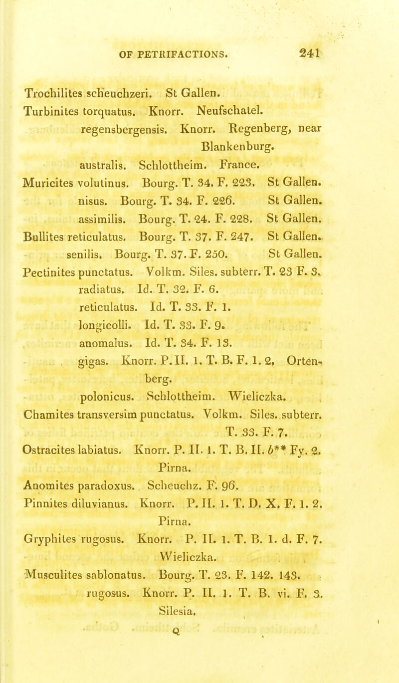 Trochilites scKeuchzeri. St Gallen. Turbinites torquatus. Knorr. Neufschatel. regensbergensis. Knorr. Regenberg, near Blankenburg. australis. Schlottheim. France. Muricites volulinus, Bourg. T. 34. F. £23. St Gallen. nisus. Bourg. T. 34. F. 226. St Gallen. assimilis. Bourg. T. 24. F. 228. St Gallen. Bullites reticulatus. Bourg. T. 37. F. 247. St Gallen. senilis. Bourg. T. 37. F. 250. St Gallen. Pectinites punctatus. Volkm. Siles. subterr. T. 23 F. 3. radiatus. Id. T. 32. F. 6. reticulatus. Id. T. 33. F. 1. longicolli. Id. T. 33. F. 9. anomaius. Id. T. 34. F. IS. gigas. Knorr. P. II. 1. T. B. F. 1.2, Orten- berg. polonicus. Schlottheim. Wiellczka. Chamites transversim punctatus. Volkm. Siles. subterr. T. 33. F. 7. Ostracites labiatus. Knorr. P. II. 1. T. B. II. 6** Fy. 2. Pirna. Anomites paradoxus. Scbeuchz. Fl 96. Pinnites diluvianus. Knorr. P. II. 1. T. D. X. F. 1. 2. Pirna. Gryphiles rugosus. Knorr. P. II. 1. T. B. 1. d. F. 7. Wieliczka. •Musculites sablonatus. Bourg. T. 23. F, 142. 143. rugosus. Knorr. P. II. 1. T. B. vi. F. 3. Silesia, Q