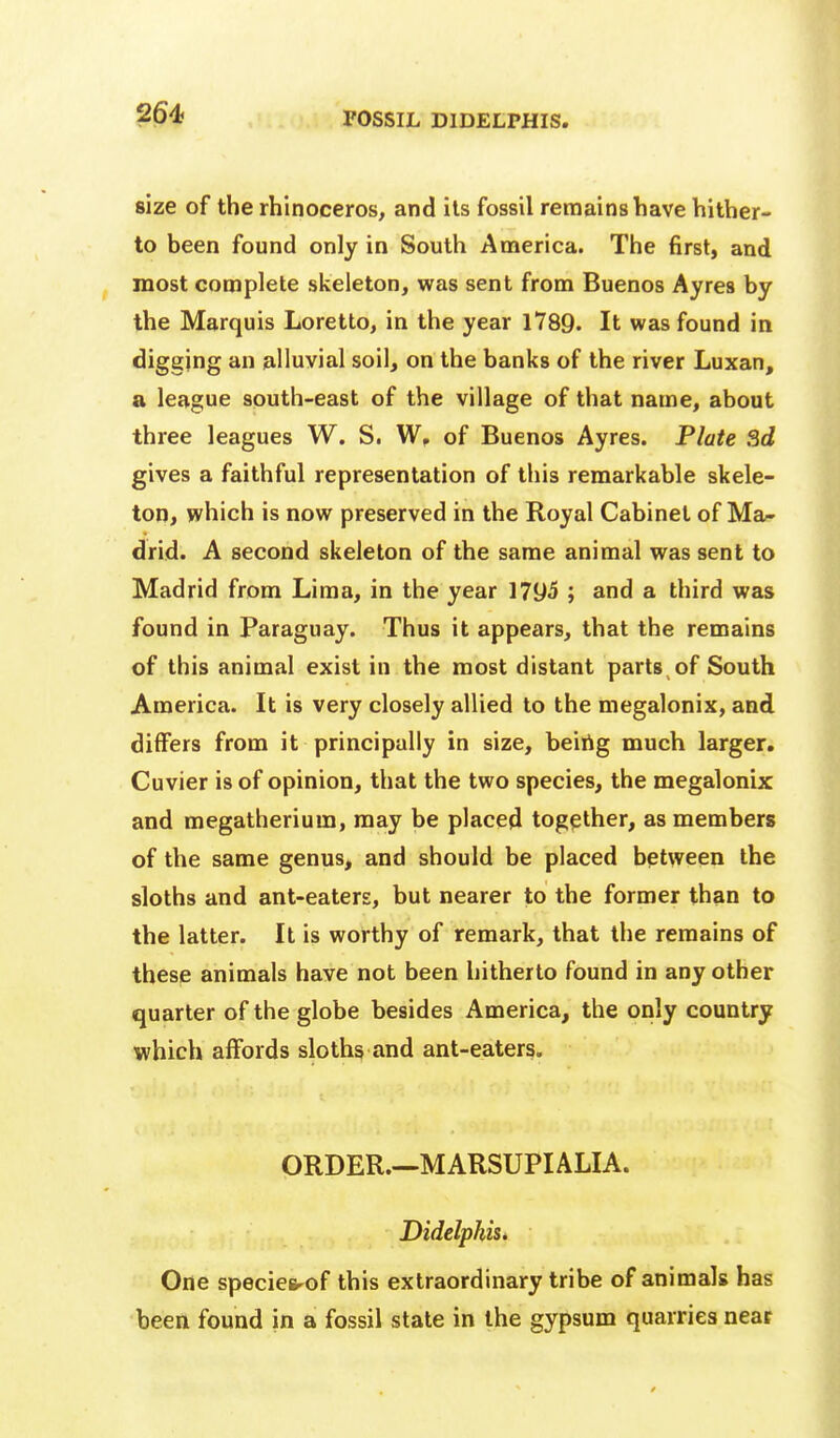 FOSSIL DIDELPHIS. size of the rhinoceros, and ils fossil remains have hither- to been found only in South Aaierica. The first, and most complete skeleton, was sent from Buenos Ay res by the Marquis Loretto, in the year 1789. It was found in digging an ialluvial soil, on the banks of the river Luxan, a league south-east of the village of that name, about three leagues W. S. W, of Buenos Ayres. Plate Sd gives a faithful representation of this remarkable skele- ton, which is now preserved in the Royal Cabinet of Ma- drid. A second skeleton of the same animal was sent to Madrid from Lima, in the year 1795 ; and a third was found in Paraguay. Thus it appears, that the remains of this animal exist in the most distant parts of South America. It is very closely allied to the megalonix, and differs from it principally in size, beirig much larger. Cuvier is of opinion, that the two species, the megalonix and megatherium, may be placed together, as members of the same genus, and should be placed between the sloths and ant-eaters, but nearer to the former than to the latter. It is worthy of remark, that the remains of these animals have not been hitherto found in any other quarter of the globe besides America, the only country which affords sloths and ant-eaters. ORDER.—MARSUPIALIA. Didelphis. One speciea-of this extraordinary tribe of animals has been found in a fossil state in the gypsum quarries near