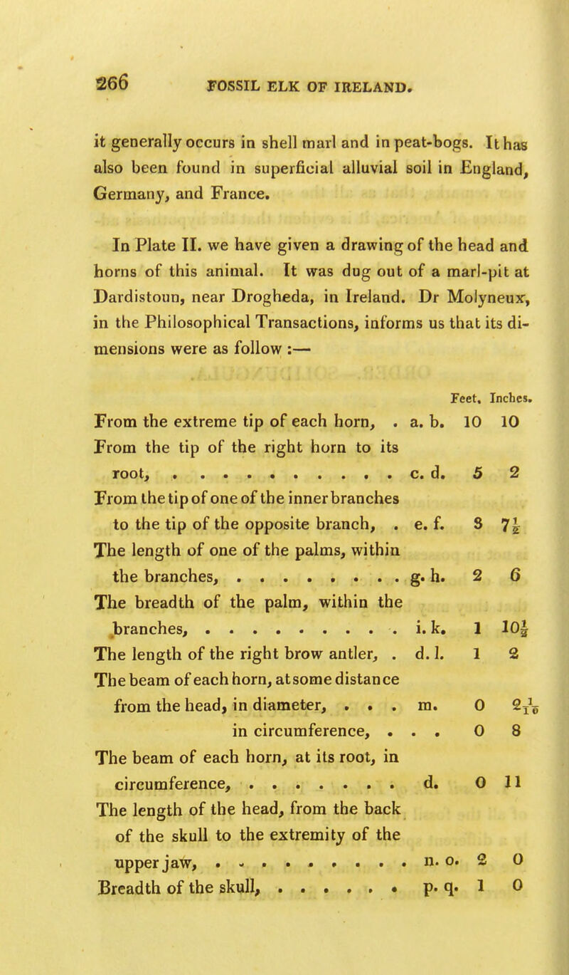 FOSSIL ELK OF IRELAND it generally occurs in shell marl and in peat-bogs. It has also been found in superficial alluvial soil in England, Germany, and France, In Plate II. we have given a drawing of the head and horns of this animal. It was dug out of a marl-pit at Dardistoun, near Drogheda, in Ireland. Dr Molyneuy, in the Philosophical Transactions, informs us that its di- mensions were as follow :— Feet. Inches. From the extreme tip of each horn, . a. b. 10 10 From the tip of the right horn to its root, c. d. 5 2 From the tip of one of the inner branches to the tip of the opposite branch, . e. f. S 7 2 The length of one of the palms, within the branches, g. h. 2 6 The breadth of the palm, within the Jbranches, i. k, 1 10| The length of the right brow antler, . d. 1. 1 2 The beam of each horn, at some distance from the head, in diameter, , . . m. 0 Q^^ in circumference, ... 08 The beam of each horn, at its root, in circumference, d. 0 11 The length of the head, from the back of the skull to the extremity of the upper jaw, n. o. 2 0 Breadth of the skull, P-q* 1 0