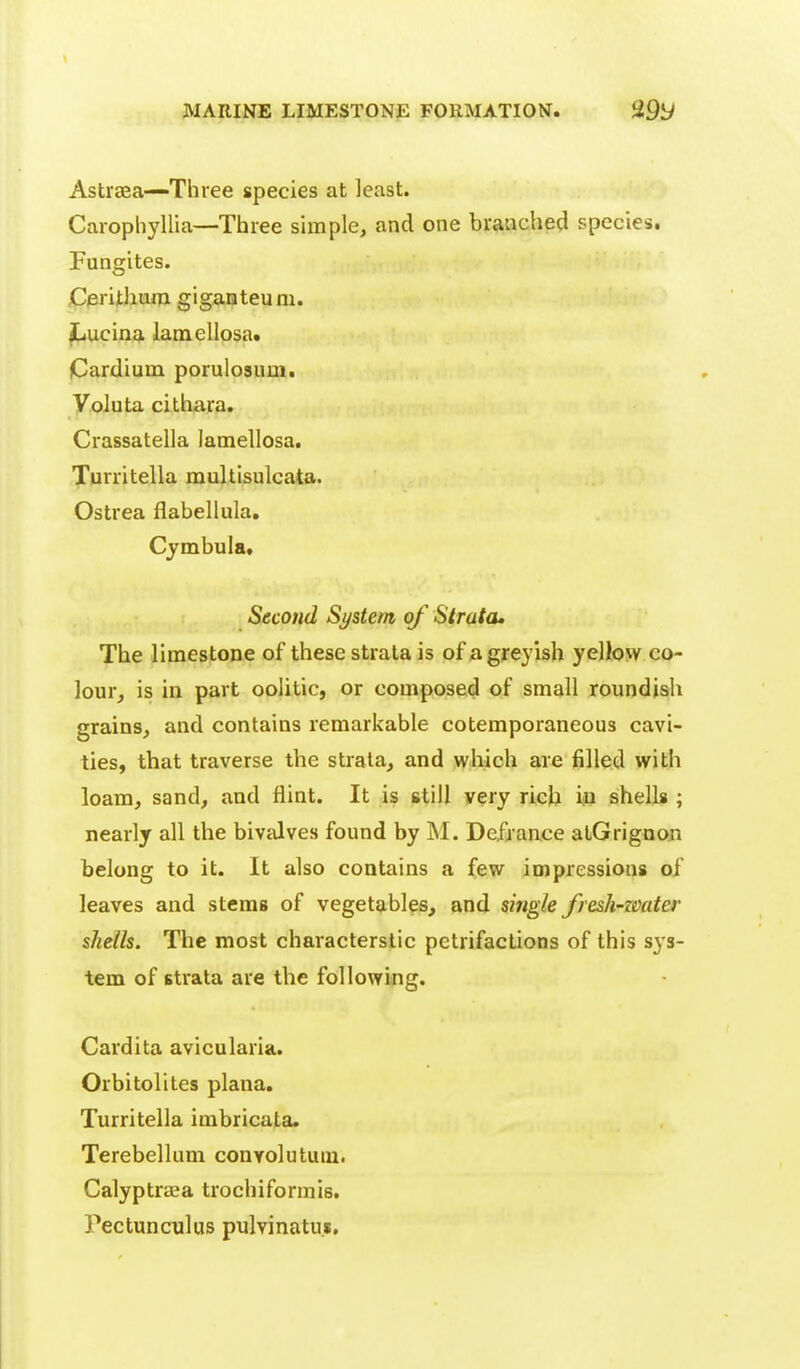 Astraea—Three species at least. Carophyllia—Three shnple, and one branched species. Fungites. Cerithum gigaQteum. JLucina lamellosa* Cardiuin porulosum. Voluta cithara, Crassatella lamellosa. Turritella multisulcata. Ostrea flabellula, Cymbula. Second System of Strata. The limestone of these strata is of a greyish yeDovv co- lour, is in part oolitic, or composed of small roundish grains, and contains remarkable cotemporaneous cavi- ties, that traverse the strata, and which are filled with loam, sand, and flint. It is still very rich in shells ; nearly all the bivalves found by INI. Defiance atGrignon belong to it. It also contains a few impressions of leaves and stems of vegetables, and single fresh-zmter shells. The most characterstic petrifactions of this sys- tem of strata are the following. Cardita avicularia. Orbitolites plana. Turritella imbricata. Terebellum conyolutum. Calyptraea trochiformis, Pectunculus pulvinatui.