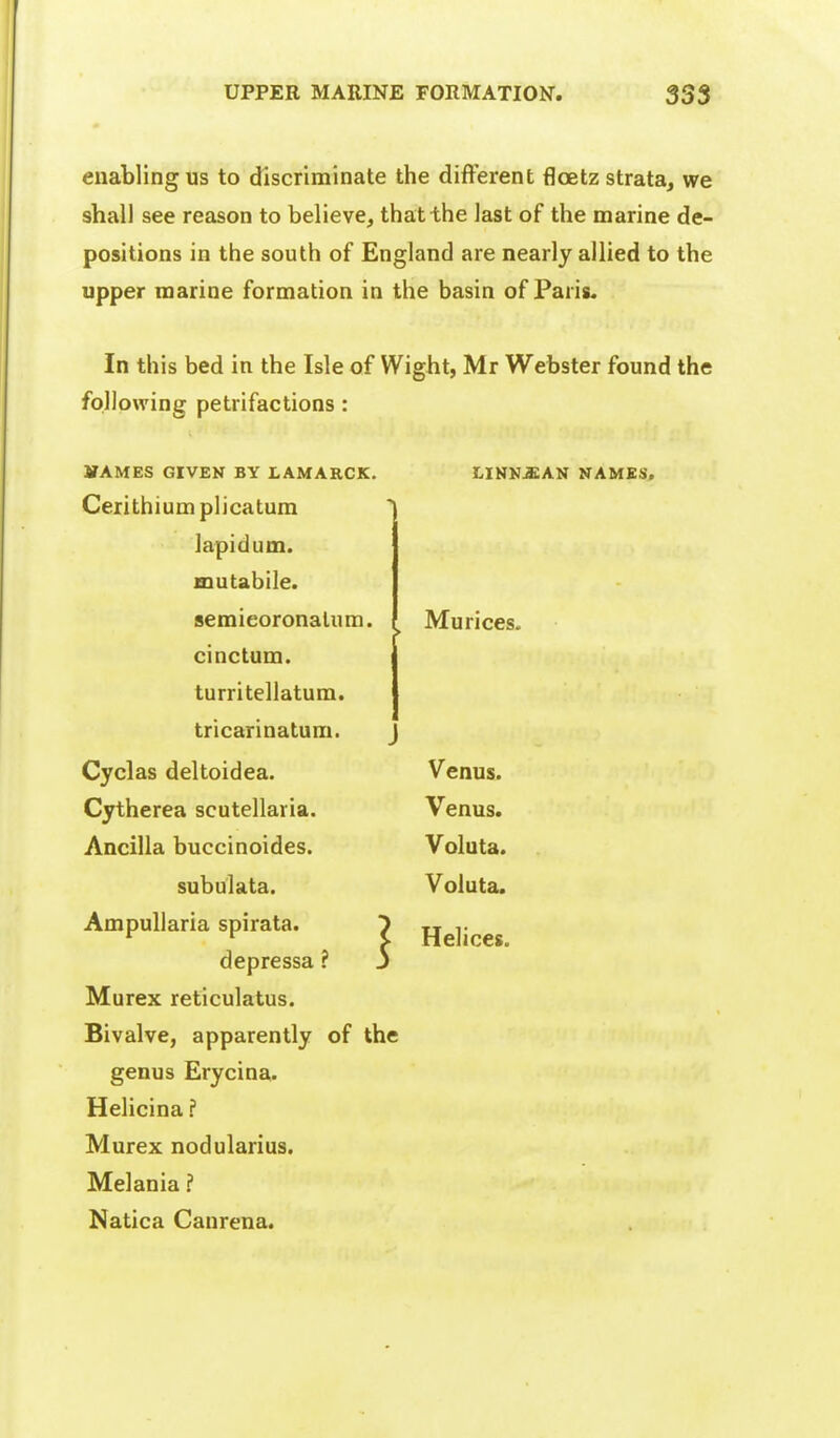 enabling US to discriminate the different floetz strata, we shall see reason to believe, that the last of the marine de- positions in the south of England are nearly allied to the upper marine formation in the basin of Paris, In this bed in the Isle of Wight, Mr Webster found the following petrifactions: VAMES GIVEN BY LAMARCK. Cerithium plicatum lapidum. mutabile. semieoronalum. cinctum. turritellatum. tricarinatum. Cyclas deltoidea. Cytherea Scutellaria. Ancilla buccinoides. subulata. Ampullaria spirata. depressa ? Murex reticulatus. Bivalve, apparently of the genus Erycina. Helicina ? Murex nodularius. Melania ? Natica Canrena. LINK^AN NAMES, } Mu rices. Venus. Venus. Voluta. Voluta. Helices.