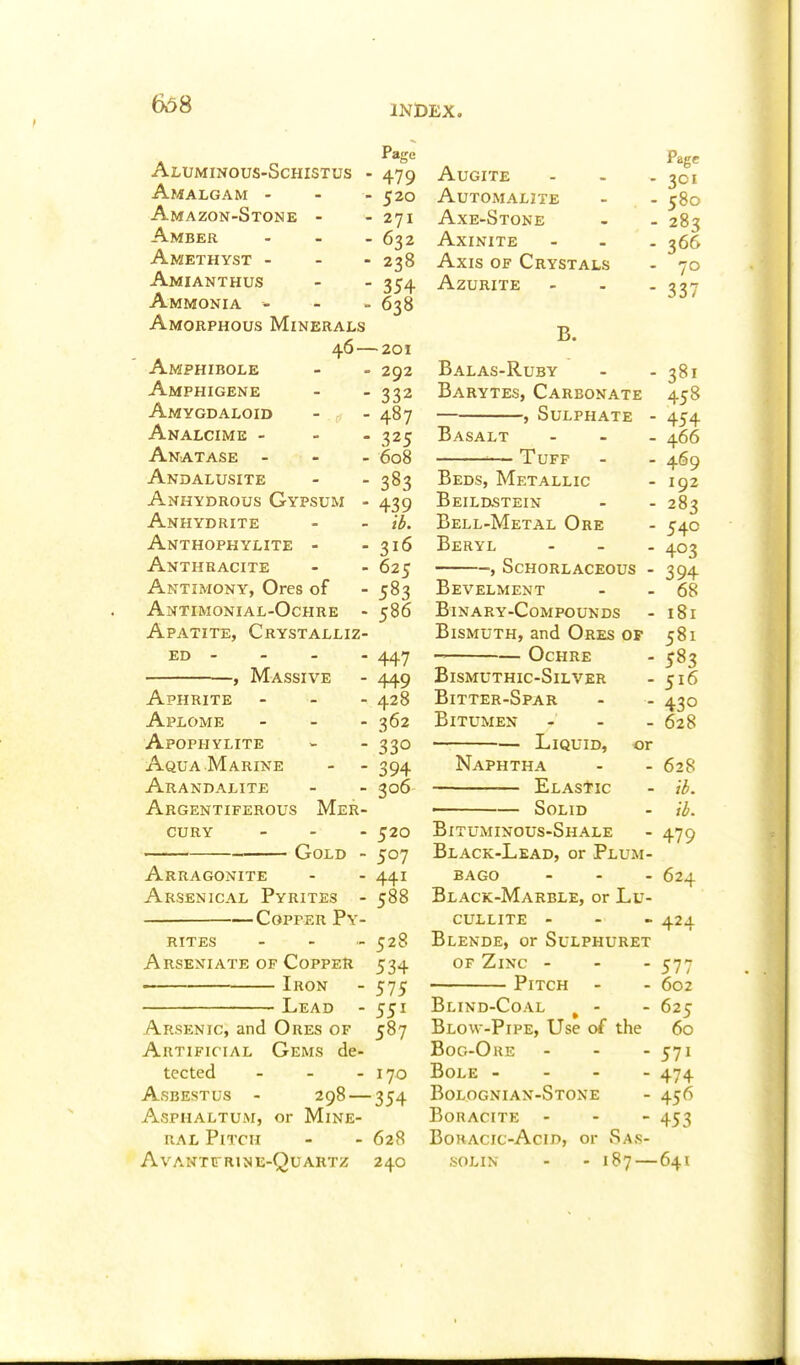 668 Page Pagg Aluminous-Schistus - Augite - - - 301 Amalgam - - - 520 Automalite - - 580 Amazon-Stone - - 271 Axe-Stone - - 283 Amber - - - 632 Axinite - . . 366 Amethyst - - - 238 Axis of Crystals . 70 Amianthus - - 354 Azurite - . .337 Ammonia - - - 638 Amorphous Minerals -o 40 201 Amphibole - . 292 Balas-Ruby - - 381 Amphigene - - 332 Barytes, Carbonate 458 Amygdaloid - , - 487 , Sulphate - 454 Analcime - - - 325 Basalt - - _ 466 Anatase - - - 608 — Tuff - - 469 Andalusite - - 383 Beds, Metallic - 192 Anhydrous Gypsum - 439 Beildstein - - 283 Anhydrite - - ib. Bell-Metal Ore - 540 Anthophylite - - 316 Beryl ... 403 Anthracite - - 625 , Schorlaceous - 394 Antimony, Ores of - 583 Bevelment - - 68 Antimonial-Ochre - 586 Binary-Compounds - 181 Apatite, Crystalliz- Bismuth, and Ores op 581 ED - - - - 447 Ochre - 583 , Massive - 449 Bismuthic-Silver - 516 Aphrite ... 428 Bitter-Spar - - 430 Aplome - - - 362 Bitumen ... 628 Apophylite - - 330 Liquid, or Aqua Marine - - 394 Naphtha - - 628 Arandalite - - 306 Elastic - ib. Argentiferous Mer- ■ — Solid - id. cuRY _ . - ^20 Bituminous-Shale - 479 Gold - 507 Black-Lead, or Plum- Arragonite - - 441 bago ... 624 Arsenical Pyrites - 588 Black-Marble, or Lu- Copper Py- cullite - . - 424 rites .. .. ^28 Blende, or Sulphuret Arseniate of Copper 534 of Zinc ... ^77 ■ Iron - 575 Pitch - - 602 Lead - 551 Blind-Coal ^ - - 625 Arsenic, and Ores of 587 Blow-Pipe, Use of the 60 Artificial Gems de- Bog-Oue - - - 571 tccted - - - 170 Bole - 474 Asbestus - 298 — 354 Bolognian-Stone - 456 Asphaltum, or Mine- Boracite ... 453 ral Pitch - - 628 Bohacic-Acid, or Sas- Avantcrine-Quartz 240 ,soLiN - - 187—641