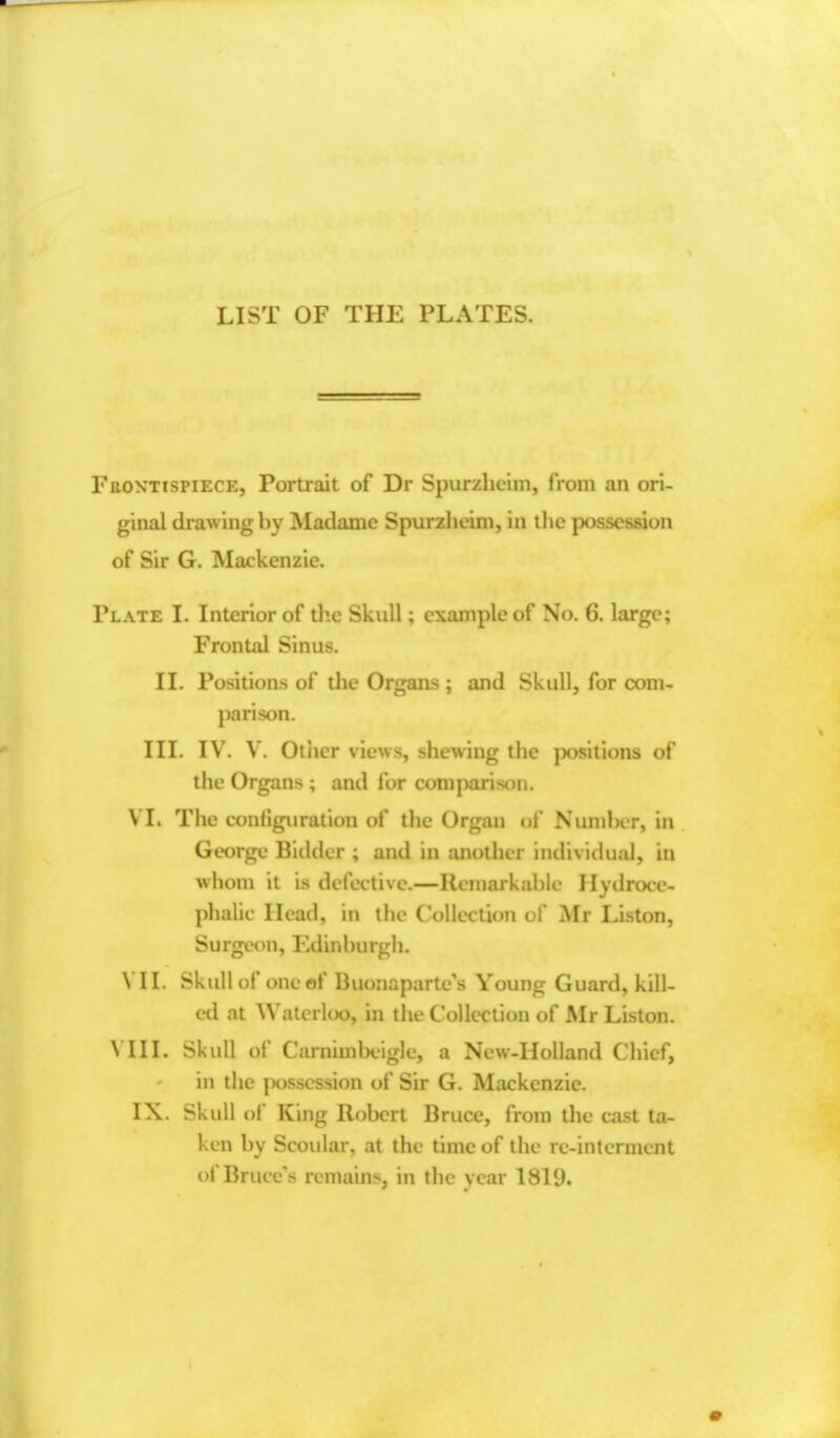 LIST OF THE PLATES. Frontispiece, Portrait of Dr Spurzhcim, from an ori- ginal drawing by Madame Spurzhcim, in the possession of Sir G. Mackenzie. Plate I. Interior of the Skull; example of No. 6. large; Frontal Sinus. II. Positions of the Organs; and Skull, for com- parison. III. IV. V. Other views, shewing the positions of the Organs ; and for comparison. VI. The configuration of the Organ of Number, in George Bidder ; and in another individual, in whom it is defective.—Remarkable Hydroce- phalic Head, in the Collection of Mr Liston, Surgeon, Edinburgh. VII. Skull of one of Buonaparte's Young Guard, kill- ed at Waterloo, in the Collection of Mr Liston. VIII. Skull of Carniml>cigle, a New-Holland Chief, in the possession of Sir G. Mackenzie. IX. Skull of King Robert Bruce, from the cast ta- ken by Scoular, at the time of the re-interment of Brute's remain*, in the year 1819.