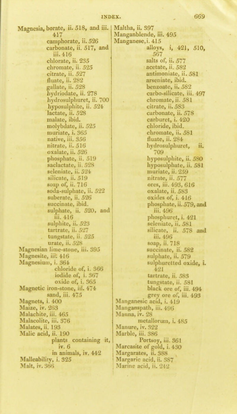 Magnesia, borate, ii. 518, and iii. 4-17 camphorate, ii. 526 carbonate, ii. 517, and iii. 416 cblorate, ii. 235 chromate, ii. 525 citrate, ii. 527 fluate, ii. 282 gallate, ii. 528 hydriodate, ii. 278 Jiydrosulpliuret, ii. 700 hyposulphite, ii. 524 lactate, ii. 528 malate, ibid, molybdate, ii. 525 muriate, i. 365 native, iii. 356 nitrate, ii. 516 oxalate, ii. 526 phosphate, ii. 519 saclactate, ii. 52S seleniate, ii. 524 silicate, ii. 519 soap of, ii. 716 soda-sulphate, ii. 522 suberate, ii. 526 succinate, ibid, sulphate, ii. 520, and iii. 416 sulphite, ii. 523 tartrate, ii. 527 tungstate, ii. 525 urate, ii. 528 Magnesian lime-stone, iii. 395 Magnesitc, iii: 416 Magnesium, i. 364 chloride of, i. 366 iodide of, i. 367 oxide of, i. 365 Magnetic iron-stone, iii. 474 sand, iii. 475 Magnets, i. 400 Maize, iv. '263 Malachite, iii. 465 Malacolite, iii. 376 Malates, ii. 193 Malic acid, ii. 190 plants containing it, iv. 6 in animals, iv. 442 Malleability, i. 325 Malt, iv. 366 Maltha, ii. 397 Manganblende, iii. 495 Manganese, i. 415 alloys, i, 421, 510, 567 salts of, ii. 577 acetate, ii. 582 antimoniate, ii. 581 arseniate, ibid, benzoate, ii. 5S2 carbo-silicate, iii. 497 chromate, ii. 581 citrate, ii. 583 carbonate, ii. 578 carburet, i. 420 chloride, ibid, chromate, ii. 581 fluate, ii. 284 hvdrosulphuret, iL  709 hyposulphite, ii. 5SO hyposulphate, ii. 581 muriate, ii. 259 nitrate, ii. 577 ores, iii. 493, 616 oxalate, ii. 583 oxides of, i. 416 phosphate, ii. 579, and iii. 496 phosphuret, i. 421 seleniate, ii. 581 silicate, ii. 578 and iii. 496 soap, ii. 718 succinate, ii. 582 sulphate, ii. 579 sulphuretted oxide, i. 421 tartrate, ii. 583 tungstate, ii. 581 black ore of, iii. 494 grey ore of, iii. 493 Manganesic acid, i. 419 Manganspath, iii. iU6 Manna, iv. 28 metallorum, i. 485 Manure, iv. 322 Marble, iii. 386 Portsoy, iii. 361 Marcasite of gold, i. 430 Margarates, ii. 388 ( Margaric acid, ii. 387 Marine acid, ii. 242