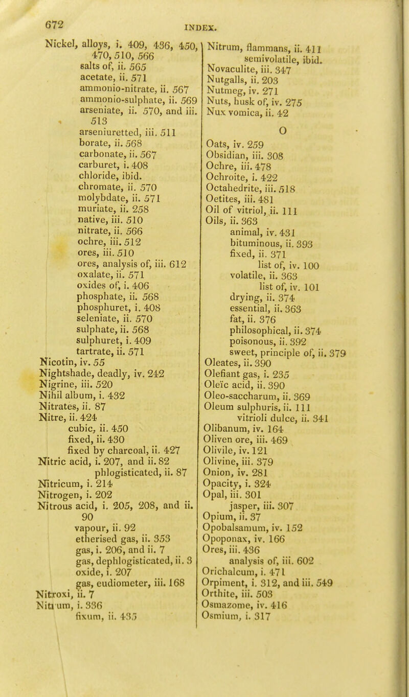 Nickel, alloys, i. 409, 436, 450, 470,510, 566 salts of, ii. 565 acetate, ii. 571 ammonio-nitrate, ii. 567 ammonio-sulphate, ii. 569 arseniate, ii. 570, and iii. 513 arseniurettetl, iii. 511 borate, ii. 568 carbonate, ii. 567 carburet, i. 408 chloride, ibid. cbromate, ii. 570 molybdate, ii. 571 muriate, ii. 258 native, iii. 510 nitrate, ii. 566 ochre, iii. 512 ores, iii. 510 ores, analysis of, iii. 612 oxalate, ii. 571 oxides of, i. 406 phosphate, ii. 568 phosphuret, i. 408 seleniate, ii. 570 sulphate, ii. 568 sulphuret, i. 409 tartrate, ii. 571 Nicotin, iv. 55 Nightshade, deadly, iv. 242 Nigrine, iii. 520 Nihil album, i. 432 Nitrates, ii. 87 Nitre, ii. 424 cubic, ii. 450 fixed, ii. 430 fixed by charcoal, ii. 427 Nitric acid, i. 207, and ii. 82 phlogisticated, ii. 87 Nitricum, i. 214 Nitrogen, i. 202 Nitrous acid, i. 205, 208, and ii. 90 vapour, ii. 92 etherised gas, ii. 353 gas, i. 206, and ii. 7 gas, dephlogisticated, ii. 3 oxide, i. 207 gas, eudiometer, iii. 168 Nifcroxi, ii. 7 Niti urn, i. 336 fixum, ii. 435 Nitrum, flammans, ii. 411 semivolatile, ibid. Novaculite, iii. 34/7 Nutgalls, ii. 203 Nutmeg, iv. 271 Nuts, husk of, iv. 275 Nux vomica, ii. 42 O Oats, iv. 259 Obsidian, iii. 308 Ochre, iii. 478 Ochroite, i. 422 Octahedrite, iii. 518 Oetites, iii. 481 Oil of vitriol, ii. HI Oils, ii. 363 animal, iv. 431 bituminous, ii. 393 fixed, ii. 371 list of, iv. 100 volatile, ii. 363 list of, iv. 101 drying, ii. 374 essential, ii. 363 fat, ii. 376 philosophical, ii. 374 poisonous, ii. 392 sweet, principle of, ii. 379 Oleates, ii. 390 Olefiant gas, i. 235 Oleic acid, ii. 390 Oleo-saccharum, ii. 369 Oleum sulphuris, ii. Ill vitrioli dulce, ii. 341 Olibanum, iv. 164 Oliven ore, iii. 469 Olivile, iv. 121 Olivine, iii. 379 Onion, iv. 281 Opacity, i. 324 Opal, iii. 301 jasper, iii. 307 Opium, ii. 37 Opobalsamum, iv. 152 Opoponax, iv. 166 Ores, iii. 436 analysis of, iii. 602 Orichalcum, i. 471 Orpiment, i. 312, and iii. 549 Orthite, iii. 503 Osmazome, iv. 416 Osmium, i. 317