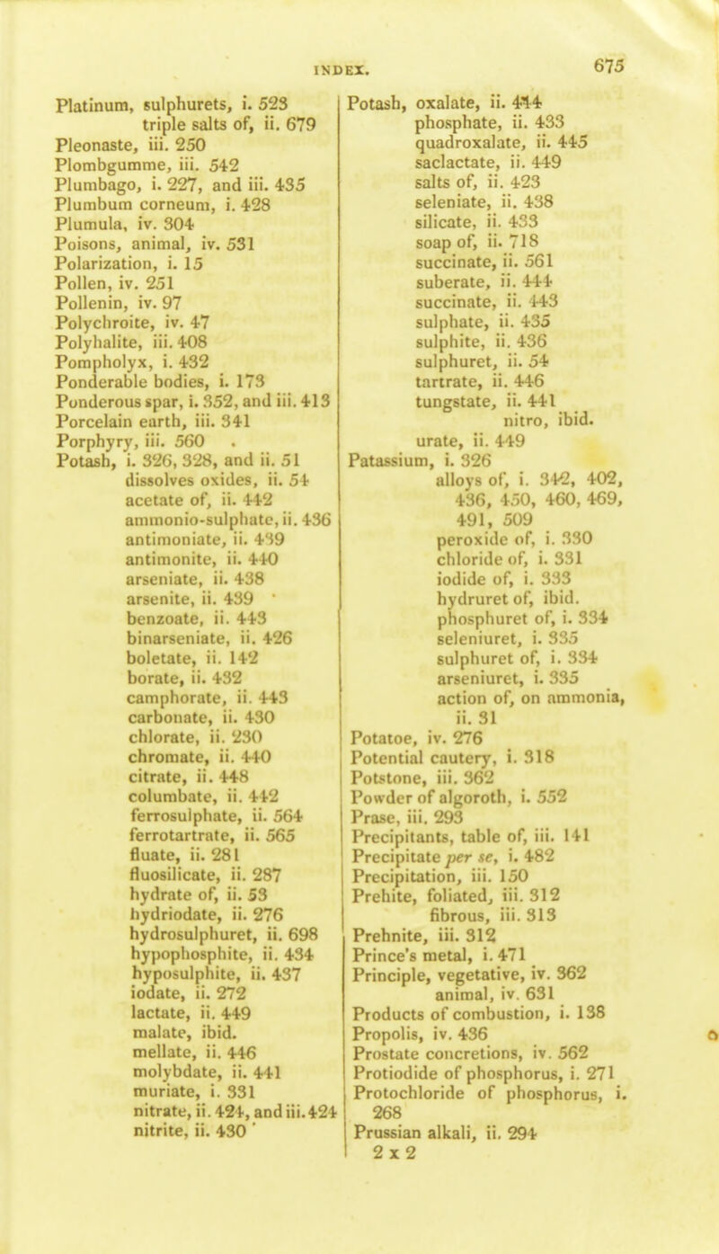 Platinum, sulphurets, i. 523 triple salts of, ii. 679 Pleonaste, iii. 250 Plombgumme, iii. 542 Plumbago, i. 227, and iii. 435 Plumbum corneum, i. 428 Plumula, iv. 304 Poisons, animal, iv. 531 Polarization, i. 15 Pollen, iv. 251 Pollenin, iv. 97 Polycliroite, iv. 47 Polyhalite, iii. 408 Pompholyx, i. 432 Ponderable bodies, i. 173 Ponderous spar, i. 352, and iii. 413 Porcelain earth, iii. 341 Porphyry, iii. 560 Potash, i. 326, 328, and ii. 51 dissolves oxides, ii. 54 acetate of, ii. 442 ammonio-sulphate, ii. 436 antimoniate, ii. 439 antimonite, ii. 440 arseniate, ii. 438 arsenite, ii. 439 1 benzoate, ii. 443 binarseniate, ii. 426 boletate, ii. 142 borate, ii. 432 camphorate, ii. 443 carbonate, ii. 430 chlorate, ii. 230 chromate, ii. 440 citrate, ii. 448 columbate, ii. 442 ferrosulphate, ii. 564 ferrotartrate, ii. 565 fluate, ii. 281 fluosilicate, ii. 287 hydrate of, ii. 53 hydriodate, ii. 276 hydrosulphuret, ii. 698 hypophosphite, ii. 434 hyposulphite, ii. 437 iodate, ii. 272 lactate, ii. 449 malate, ibid, mellate, ii. 4-46 molybdate, ii. 441 muriate, i. 331 nitrate, ii. 424, and iii.424 nitrite, ii. 430 ' Potash, oxalate, ii. 414 phosphate, ii. 433 quadroxalate, ii. 445 saclactate, ii. 449 salts of, ii. 423 seleniate, ii. 438 silicate, ii. 433 soap of, ii. 718 succinate, ii. 561 suberate, ii. 444 succinate, ii. i-43 sulphate, ii. 435 sulphite, ii. 436 sulphuret, ii. 54 tartrate, ii. 446 tungstate, ii. 441 nitro, ibid, urate, ii. 449 Patassium, i. 326 alloys of, i. 342, 402, 436, 450, 460, 469, 491, 509 peroxide of, i. 330 chloride of, i. 331 iodide of, i. 333 hydruret of, ibid, phosphuret of, i. 334 seleniuret, i. 335 sulphuret of, i. 334 arseniuret, i. 335 action of, on ammonia, ii. 31 Potatoe, iv. 276 Potential cautery, i. 318 Potstone, iii. 362 Powder of algoroth, i. 552 Prase, iii. 293 Precipitants, table of, iii. 141 Precipitate per se, i. 482 Precipitation, iii. 150 Prehite, foliated, iii. 312 fibrous, iii. 313 Prehnite, iii. 312 Prince's metal, i. 471 Principle, vegetative, iv. 362 animal, iv. 631 Products of combustion, i. 138 Propolis, iv. 436 Prostate concretions, iv. 562 Protiodide of phosphorus, i. 271 Protochloride of phosphorus, i. 268 Prussian alkali, ii. 294 2x2