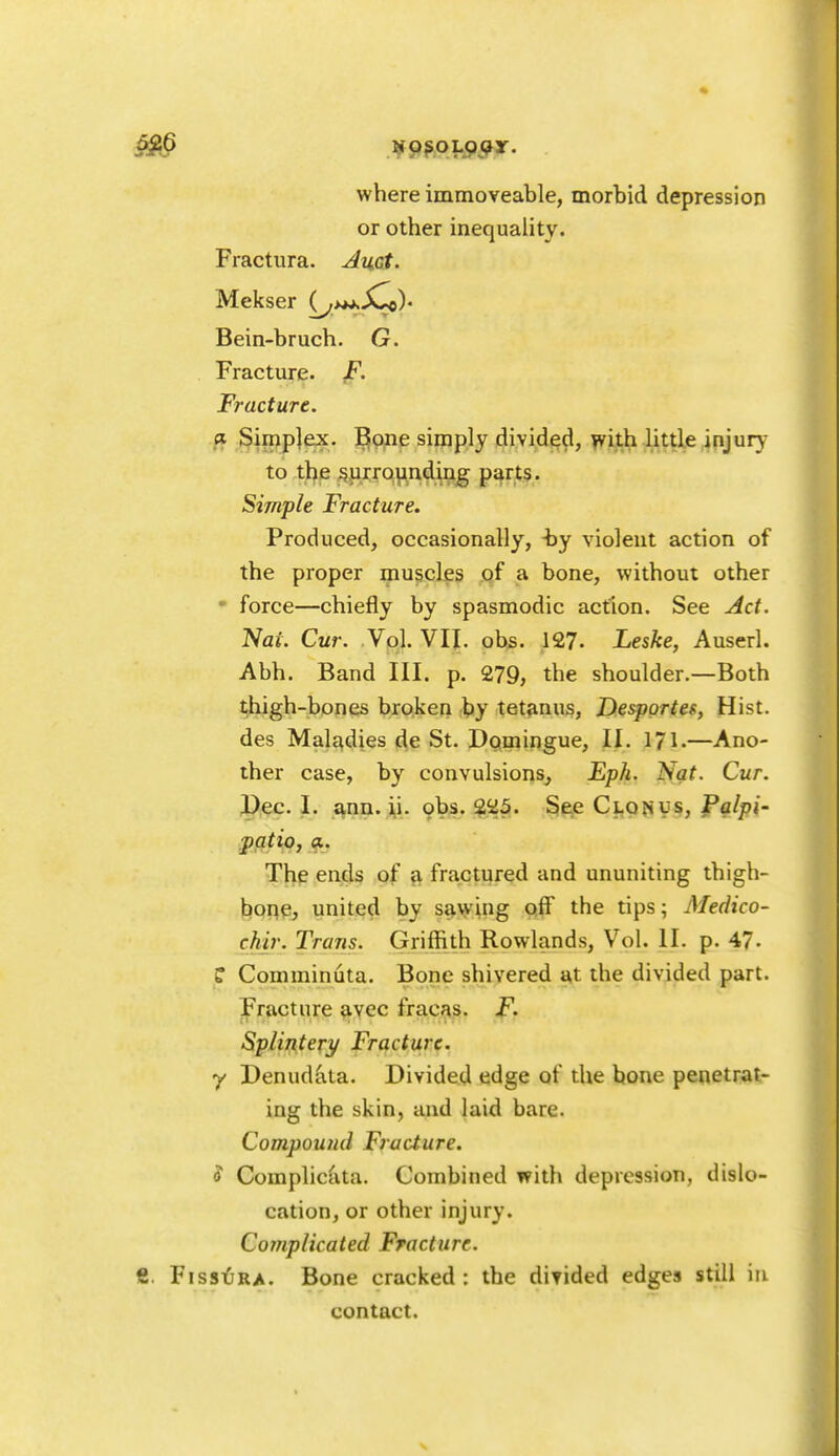 NO^OLOQr. where immoveable, morbid depression or other inequality. Fractura. A%Gt. Mekser (^>w».jCo). Bein-bruch. G. Fracture. F. Fracture. a, Siinplex. ^pne simply divided, with little injury to tl^ie ^.ui;rQ\inding parts. Simple Fracture, Produced, occasionally, -by violent action of the proper muscles pf a bone, without other • force—chiefly by spasmodic action. See Act. Nat. Cur. Vol. VII. obs, 127. Leske, Auserl. Abh. Band III. p. 279, the shoulder.—Both t^gh-bones broken by tetanus, Desportes, Hist, des Maladies de St. Dpmingue, II. 171-—Ano- ther case, by convulsions^ Eph. Nat. Cur. Pec. I. ann. i,i. 9bs. 225. See CLOfius, Palpi- The ends of a, fractured and ununiting thigh- bone, united by savying pff the tips; Medico- chir. Trans. Griffith Rowlands, Vol. II. p. 47. ? Comminuta. Bone shivered at the divided part. Fracture avec fracas. F. Splintery Fracture, y Denudata. Divided edge of the bone penetrat- ing the skin, and laid bare. Compound Fracture. S Complic(\ta. Combined with depression, dislo- cation, or other injury. Complicated Fracture. fi. FisstiRA. Bone cracked : the divided edges still in contact.