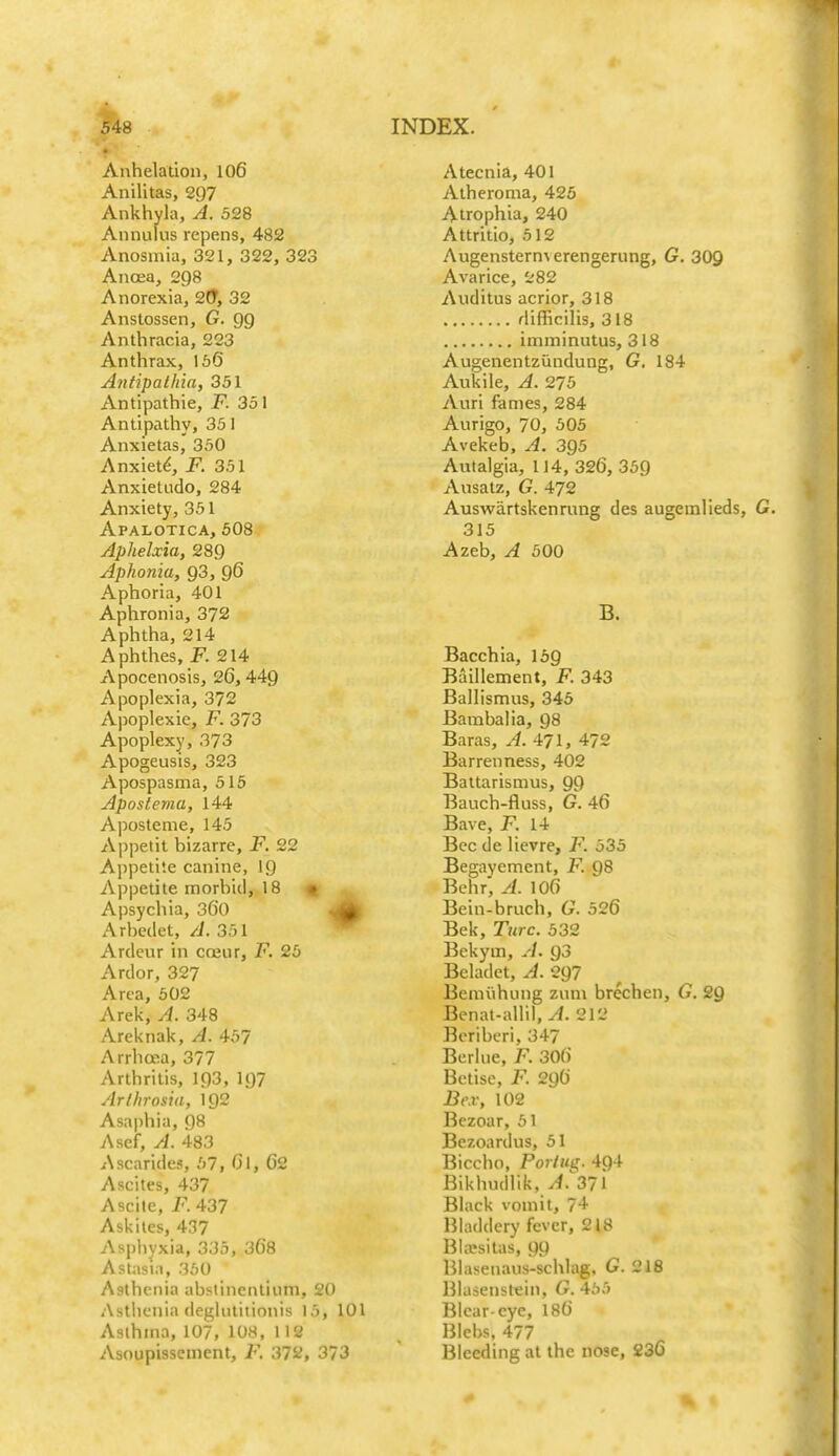^8 Anhelation, 106 Anilitas, 297 Ankhyla, A. 528 Annulus repens, 482 Anosmia, 321, 322, 323 Anoea, 298 Anorexia, 2ff, 32 Anslossen, G. gg Anthracia, 223 Anthrax, 166 Antipalhia, 351 Antipathic, F. 351 Antipathy, 35) Anxietas, 350 Anxiet^, F. 351 Anxietudo, 284 Anxiety, 351 Apalotica, 608 Aphelxia, 28g Aphonia, g3, g6 Aphoria, 401 Aphronia, 372 Aphtha, 214 Aphthes, F. 214 Apocenosis, 26, 449 Apoplexia, 372 A)5oplexie, F. 373 Apoplexy, 373 Apogeusis, 323 Apospasma, 515 Apostema, 144 Aposteme, 145 Appetit bizarre, F. 22 Appetite canine, ig Appetite morhid, 18 • Apsychia, 3G0 -.0 Arbedet, A. 351 Ardeur in coeur, F. 26 Ardor, 327 Area, 502 Arek, A. 348 Areknak, A. 457 Arrhffia, 377 Arthritis, 193, I97 Arlhrosia, 192 Asa|)hia, gs 7\scf, A. 483 Ascarides, 57, Gl, 62 Ascites, 437 Ascile, F. 437 Askites, 437 Aspliyxia, 335, 368 Astasia, 350 Asthenia absiinentiiim, 20 Asthenia deghititionis 15, 101 Asthma, 107, 108, 112 Asoupisscment, F. 372, 373 Atecnia, 401 Atheroma, 425 Atrophia, 240 Attritio, 512 Augenstern\ erengerung, G. 309 Avarice, 282 Auditus acrior, 318 rlifficilis, 318 imminutus, 318 Augenentziindung, G, 184 Aukile, A. 275 Auri fames, 284 Aurigo, 70, 505 Avekeb, A. 3Q5 Autalgia, 1J4, 326, 359 Ausatz, G. 472 Auswartskenrung des augemlieds, G. 315 Azeb, A 500 B. Bacchia, I69 Baillement, F. 343 Ballismus, 345 Bambalia, 98 Baras, ^.471, 472 Barrenness, 402 Battarismus, 99 Bauch-fluss, G. 46 Bave, F. 14 Bee de lievre, F. 535 Begayement, F. Q8 Bchr, A. 106 Bein-bruch, G. 526 Bek, Turc. 532 Bekym, A. Q3 Beladet, A. 297 Bemiihung zum brechen, G. 2Q Benat-allil, A. 212 Beriberi, 347 Berhie, F. 306 Betise, F. 2g6 Bex, 102 Bczoar, 61 Bezoardus, 51 Bicclid, Poiiug. 494 Bikhudlik, v4. 371 Black vomit, 74 Bladdery fever, 218 BIa?sitas, 99 Blasenaus-schlag, G. 218 Blasenstein, G. 455 Blear-eye, 186 Blebs, 477 Bleeding at the nose, 236