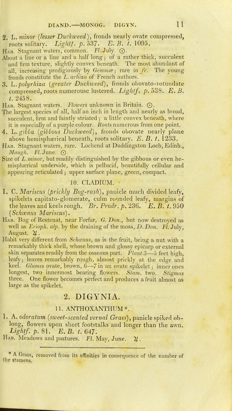 2. L. minor (lesser Duckweed), fronds nearly ovate compressed, 'roots solitary. Lightf. p. 537. E. B. t. 1095. Hab. Stagnant waters, common. Fl. July. ©. About a line or a line and a half long ; of a rather thick, succulent and firm texture, slightly convex beneath. The most abundant of all, increasing prodigiously by Gemmce; rare in fr. The young fronds constitute the L. arhlza of French authors. 3. h.polyrhiza (greater Duckweed), fronds obovato-rotundate compressed, roots numerousc lustered. Lightf. p. 538. E. B. i. 2458. Hab. Stagnant waters. Flowers unknown in Britain. ©. The largest species of all, half an inch in length and nearly as broad, succulent, firm and faintly striated ; a little convex beneath, where it is especially of a purple colour. Roots numerous from one point. 4. L. gibba (gibbous Duckweed), fronds obovate nearly plane above hemispherical beneath, roots solitary. E. B. t. 1233. Hab. Stagnant waters, rare. Lochend at Duddingston Loch, Edinb., Maugh. Fl. June. 0. Size of L.minor, but readily distinguished by the gibbous or even he- mispherical underside, which is pellucid, beautifully cellular and appearing reticulated ; upper surface plane, green, compact. 10. CLADIUM. • f. C. Mariscus (prickly Bog-rush), panicle much divided leafy, spikelets capitato-glomerate, culm rounded leafy, margins of the leaves and keels rough. Br. Prodr. p. 236. E. B. t. 950 (Schcenus Mariscus). Hab. Bog of Restenat, near Forfar, G. Don., but now destroyed as well as Erioph. alp. by the draining of the moss, D. Don. Fl. July, August. %. Habit very different from Schcenus, as is the fruit, being a nut with a remarkably thick shell, whose brown and glossy epicarp or external skin separates readily from the osseous part. Plant 3—5 feet high, leafy; leaves remarkably rough, almost prickly at the edge and keel. Glumes ovate, brown, G—7 in an ovate spikelet; inner ones longest, two innermost bearing flowers. Stam. two. Stigmas three. One flower becomes perfect and produces a fruit almost as large as the spikelet. 2. DIGYNIA. 11. ANTHOXANTHUM *. 1. A. odoratum (siveet-scenled vernal Grass), panicle spiked ob- long, flowers upon short footstalks and longer than the awn. Lightf. p. 81. E.B. t. 647. Hab. Meadows and pastures. Fl. May, June. 2/ . * A Grass, removed from its affinities in consequence of the number of the stamens.