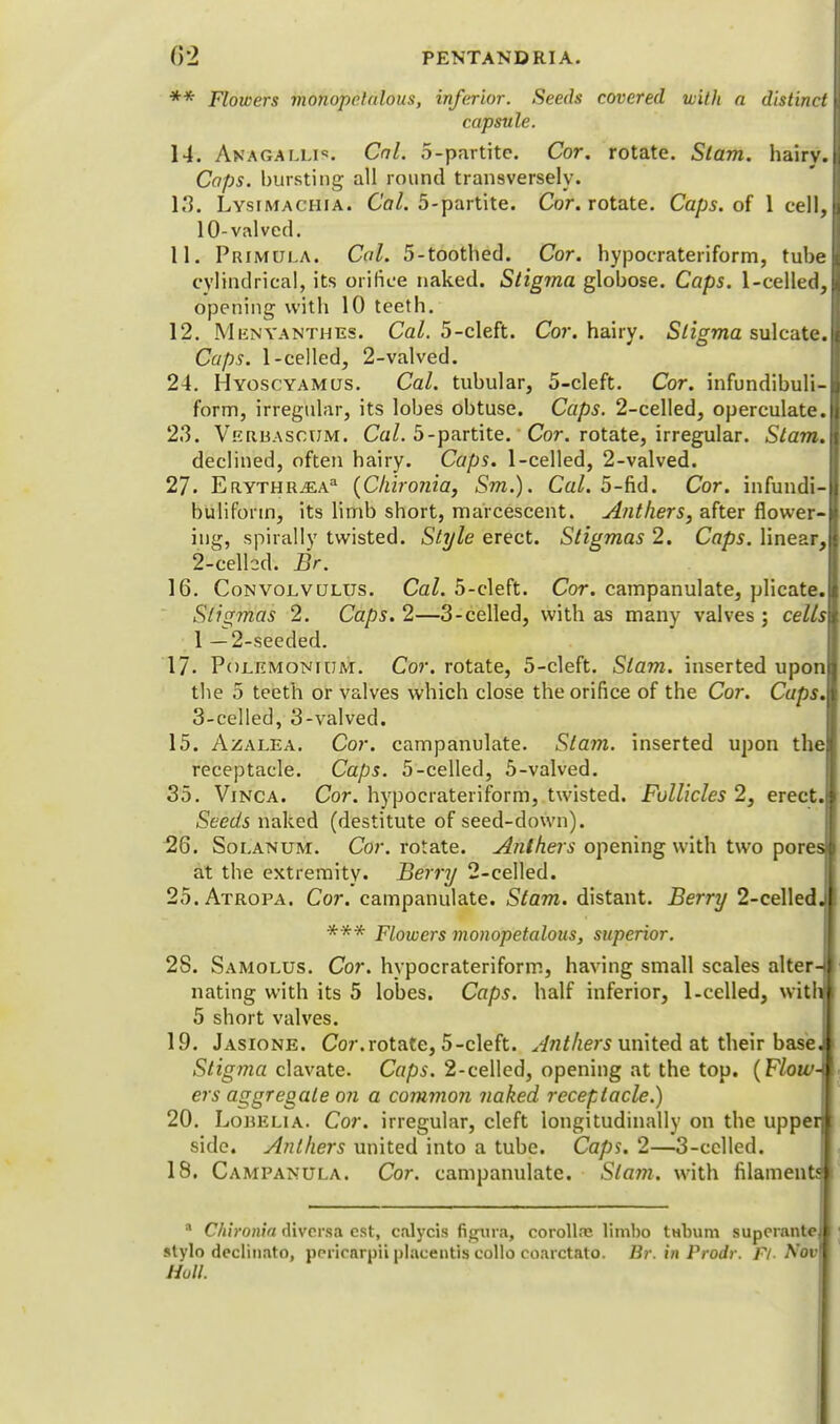 ** Flowers monopolalous, inferior. Seeds covered with a distinct capsule. 14. Anagalli. Cal. 5-partite. Cor. rotate. Slam, hairy. Caps, bursting all round transversely. 13. Lvsimachia. Cal. 5-partite. Cor. rotate. Caps, of 1 cell, 10-valved. 11. Primula. Cal. 5-toothed. Cor. hypocrateriform, tube cylindrical, its orifice naked. Stigma globose. Caps. l-celled,| opening with 10 teeth. 12. MiiNyanthes. Cal. 5-cleft. Cor. hairy. Sligma sulcate.i Caps. 1-celled, 2-valved. 24. Hyoscyamus. Cal. tubular, 5-cleft. Cor. infundibuli-l form, irregular, its lobes obtuse. Caps. 2-celled, operculate. 23. Verbascum. Cal. 5-partite. Cor. rotate, irregular. S/amJ declined, often hairy. Caps. 1-celled, 2-valved. 27. Erythr^ea3 (Ckironia, Sm.). Cal. 5-fid. Cor. infundi-B bulifonn, its limb short, marcescent. Anthers, after flower-l ing, spirally twisted. Style erect. Stigmas 2. Caps. linear,! 2- celhd. Br. 16. Convolvulus. Cal. 5-cleft. Cor. campanulate, plicate.B Stigmas 2. Caps. 2—3-celled, with as many valves ; cellsi 1 — 2-seeded. 17. Polemonium. Cor. rotate, 5-cleft. Slam, inserted uponl the 5 teeth or valves which close the orifice of the Cor. Cups\ 3- celled, 3-valved. 15. Azalea. Cor. campanulate. Slam, inserted upon thel receptacle. Caps. 5-celled, 5-valved. 35. Vinca. Cor. hypocrateriform, twisted. Follicles 2, erect.l Seeds naked (destitute of seed-down). 26. Solanum. Cor. rotate. Anthers opening with two pores* at the extremity. Berry 2-celled. 25. Atropa. Cor. campanulate. Stam. distant. Berry 2-celledJ •*•*■* Flowers monopetalous, superior. 2S. Samolus. Cor. hypocrateriform, having small scales alter-l nating with its 5 lobes. Caps, half inferior, 1-celled, with! 5 short valves. 19. Jasione. Cor. rotate, 5-cleft. Anthers united at their base J Stigma clavate. Caps. 2-celled, opening at the top. (Flow-9 ers aggregate on a common naked receptacle.) 20. Louelia. Cor. irregular, cleft longitudinally on the uppei side. Anthers united into a tube. Caps. 2—3-cclled. IS. Campanula. Cor. campanulate. Slant, with filaments a Ckironia diversa est, c.ilycis figura, corolla? limbo tnbum superante slylo declinato, pmcarpii plaeeiitis eollo coarctato. Br. in Prodr. Fi. Nov Hull.