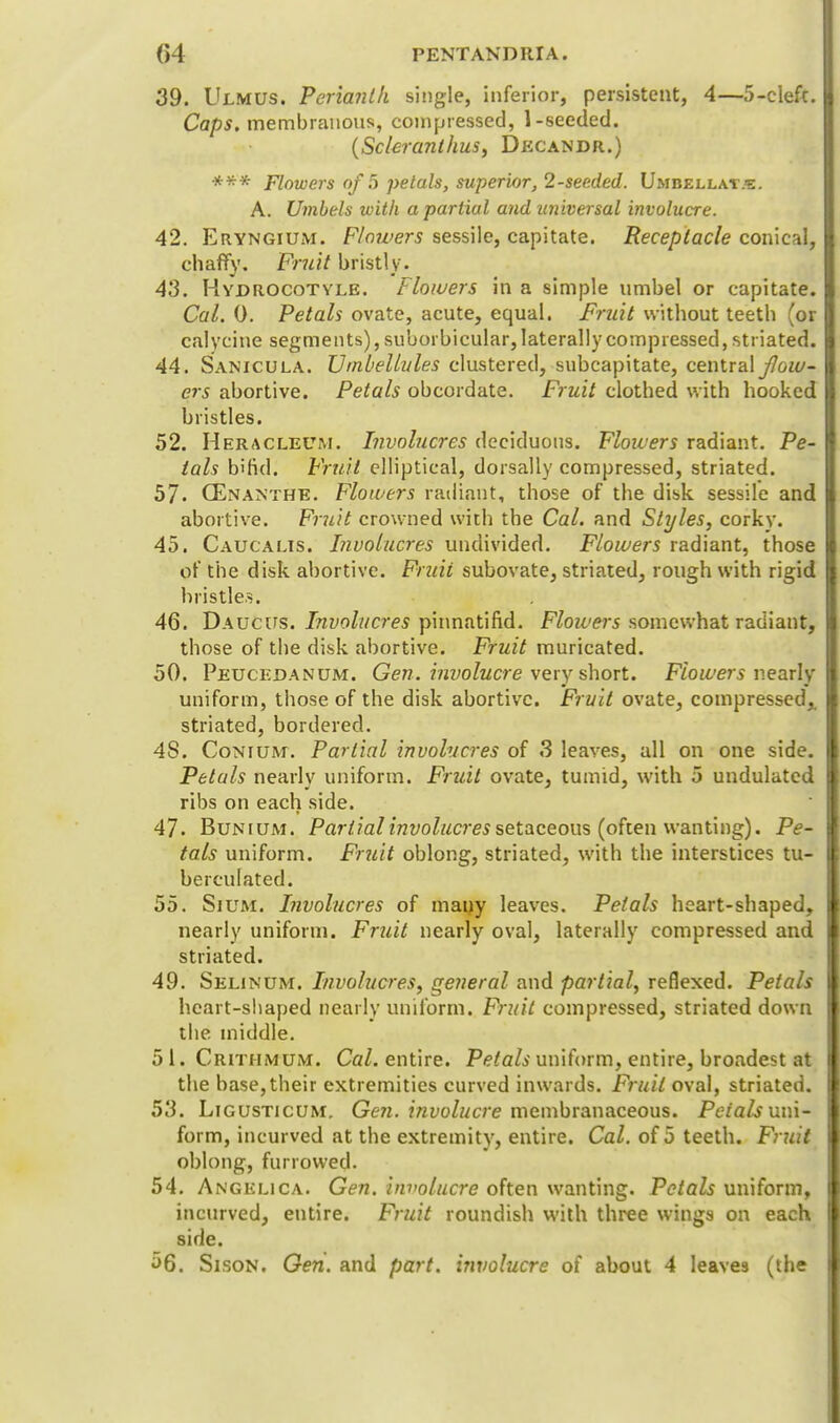 PENT AND III A. 39. Ulmus. Perianth single, inferior, persistent, 4—5-cleft. Caps, membranous, compressed, 1-seeded. (Scleranlhus, Decandr.) *** Flowers of 5 petals, superior, 2-seeded. Umbellate. A. Umbels with a partial and universal involucre. 42. Eryngium. Flowers sessile, capitate. Receptacle conical, chaffy. Fruit bristly^ 43. Hvdrocotvle. Flowers in a simple umbel or capitate. Cal. 0. Petals ovate, acute, equal. Fruit without teeth (or calycine segments), suborbicular, laterally compressed, striated. 44. Sanicula. TJrnbellules clustered, subcapitate, central flow- ers abortive. Petals obcordate. Fruit clothed with hooked bristles. 52. Heracleum. Involucres deciduous. Flowers radiant. Pe- tals bifid. Fruit elliptical, dorsally compressed, striated. 57« CEnanthe. Flowers radiant, those of the disk sessile and abortive. Fruit crowned with the Cal. and Styles, corky. 45. Caucalts. Involucres undivided. Flowers radiant, those of the disk abortive. Fruii subovate, striated, rough with rigid bristles. 46. Daucus. Involucres pinnatifid. Floivers somewhat radiant, those of the disk abortive. Fruit muricated. 50. Petjcedanum. Gen. involucre very short. Flowers nearly uniform, those of the disk abortive. Fruit ovate, compressed,, striated, bordered. 4S. Conium. Partial involucres of 3 leaves, all on one side. Petals nearly uniform. Fruit ovate, tumid, with 5 undulated ribs on each side. 47. Bunium. Partial involucres setaceous (often wanting). Pe- tals uniform. Fruit oblong, striated, with the interstices tu- berculated. 55. Sium. Involucres of mauy leaves. Petals heart-shaped, nearly uniform. Fruit nearly oval, laterally compressed and striated. 49. Selinum. Involucres, general and partial, reflexed. Petals heart-shaped nearly uniform. Fruit compressed, striated down the middle. 51. Crithmum. Cal. entire. Petals uniform, entire, broadest at the base,their extremities curved inwards. Fruit oval, striated. 53. LiGUSTicuM. Gen. involucre membranaceous. Petals uni- form, incurved at the extremity, entire. Cal. of 5 teeth. Fruit oblong, furrowed. 54. Angelica. Gen. involucre often wanting. Petals uniform, incurved, entire. Fruit roundish with three wings on each side.