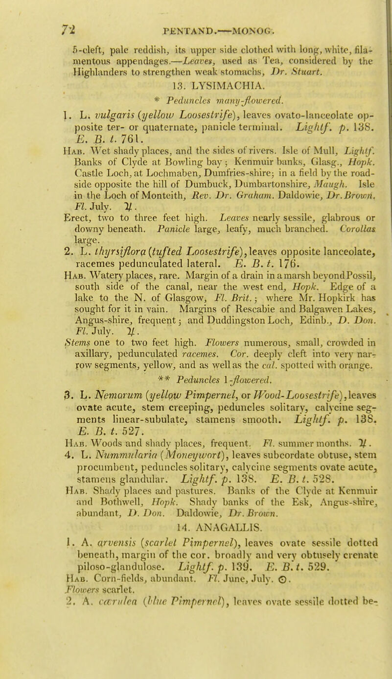 f>-cleft, pale reddish, its upper side clothed with long, white, fila- mentous appendages.—Leaves, used as Tea, considered by the Highlanders to strengthen weak stomachs, Dr. Stuart. 13. LYSIMACHIA. * Peduncles many-flowered. 1. L. vulgaris (yelloiu Loosestrife), leaves ovato-lanceolate op- posite ter- or quaternate, panicle terminal. Lightf. p. 138. E. B. t. 761. Hab. Wet shady places, and the sides of rivers. Isle of Mull, Light/. Banks of Clyde at Bowling bay \ Kenmuir banks, Glasg., Hopk. Castle Loch, at Lochmaben, Dumfries-shire; in a field by the road- side opposite the hill of Dumbuck, Dumbartonshire, Maugh. Isle in the Loch of Monteith, Rev. Dr. Graham. Daldowie, Dr.Brown. Fl. July. %. Erect, two to three feet high. Leaves nearly sessile, glabrous or downy beneath. Panicle large, leafy, much branched. Corollas large. 2. L. thyrsiflora (tufted Loosestrife),leaves opposite lanceolate, racemes pedunculated lateral. E. B. t. 176. Hab. Watery places, rare. Margin of a drain in a marsh beyond Possil, south side of the canal, near the west end, Hopk. Edge of a lake to the N. of Glasgow, Fl. Brit.; where Mr. Hopkirk has sought for it in vain. Margins of Rescabie and Balgawen Lakes, Angus-shire, frequent; and Duddingston Loch, Edinb., D. Don. Fl. July. If.. Stems one to two feet high. Floioers numerous, small, crowded in axillary, pedunculated racemes. Cor. deeply cleft into very nar- row segments, yellow, and as well as the cul. spotted with orange. ** Peduncles I-flowered. 3. L. Nenwrum (yellow Pimpernel, or PVood-Looseslrfe),]eR\-es ovate acute, stem creeping, peduncles solitary, calycine seg- ments linear-subulate, stamens smooth. Lightf. p. 13S. E. B. t. 527. Hab. Woods and shadv places, frequent. Fl. summer months. 1/. 4. L. Nummularia (Moneyivarl), leaves subcordate obtuse, stem procumbent, peduncles solitary, calycine segments ovate acute, stamens glandular. Lightf. p. 138. E. B. t. 52S. Hab. Shady places and pastures. Banks of the Clyde at Kenmuir and Bothwell, Hopk. Shady banks of the Esk, Angus-shire, abundant, D.Don. Daldowie, Dr. Broun. 14. ANAGALLIS. 1. A. arvensis (scarlet Pimpernel), leaves ovate sessile dotted beneath, margin of the cor. broadly and very obtusely crcnate piloso-glandulose. Lightf. p. 139. E. B. t. 529. Hab. Corn-fields, abundant. 77. June, July. ©. Flowers scarlet. 2, A. cceruhn (Jbhte Pimpernel), leaves ovate sessile dotted be-