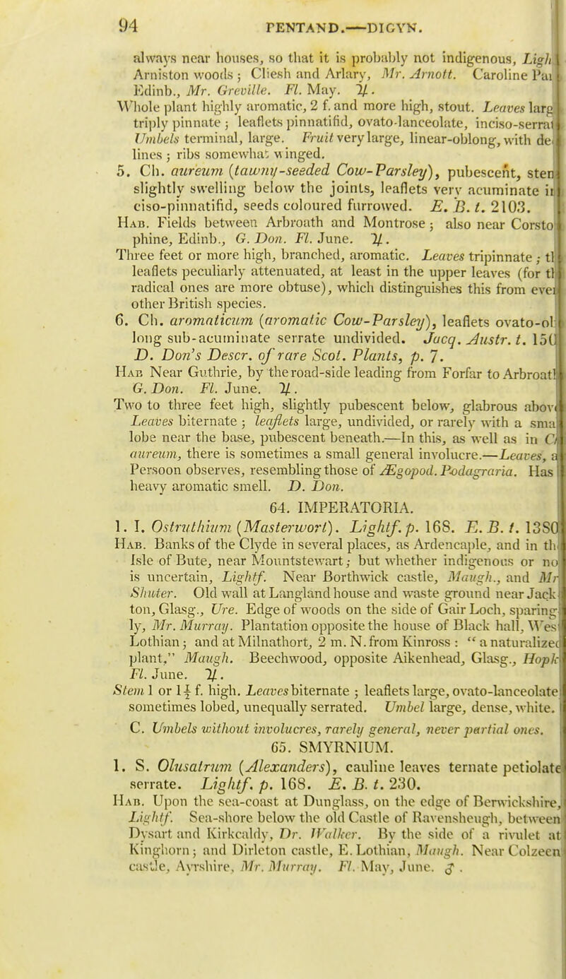 always near houses, so that it is probably not indigenous, Ligh 1 Arniston woods ; Cliesh and Arlary, Mr. Arnoft. Caroline Pai | Edinb., Mr. Greville. Fl. May. %. Whole plant highly aromatic, 2 f. and more high, stout. Leaves larp triply pinnate ; leaflets pinnatifid, ovato-lanceohite, inciso-serralj Umbels terminal, large. Fruit very large, linear-oblong, with del lines ; ribs somewhat winged. 5. Ch. Qur'eum {tawny-seeded Cow-Parsley), pubescent, sten slightly swelling below the joints, leaflets very acuminate in) ciso-pimmtifid, seeds coloured furrowed. E. B. I. 2103. Had. Fields between Arbroath and Montrose; also near Corsto i phine, Edinb., G.Don. Fl. June. 7/. Three feet or more high, branched, aromatic. Leaves tripinnate ; til leaflets peculiarly attenuated, at least in the upper leaves (for til I radical ones are more obtuse), which distinguishes this from eveti other British species. 6. Ch. aromaticum (aromatic Cow-Parsley), leaflets ovato-oll long sub-acuminate serrate undivided. Jucq. Austr. t. 15(H jD. Don's Descr. of rare Scot. Plants, p. J. Hab Near Guthrie, by the road-side leading from Forfar to Arbroatli I G. Don. Fl. June. %. Two to three feet high, slightly pubescent below, glabrous abov( ( Leaves biternate ; leaflets large, undivided, or rarely with a smafl j lobe near the base, pubescent beneath.—In this, as well as in c\\ aureum, there is sometimes a small general involucre.—Leaves, a Persoon observes, resembling those of JEgopod. F-odagraria. Has I heavy aromatic smell. D. Don. 64. IMPERATORIA. 1. I. Ostrutluimi (Masterworl). Light/, p. 16S. E.B.t. 13S0 Hab. Banks of the Clyde in several places, as Ardencaple, and in till Isle of Bute, near Mountstewart; but whether indigenous or no is uncertain, Light/. Near Borthwick castle, Maugh., and Mr, Shuter. Old wall at Langland house and waste ground near JackI ton, Glasg., Ure. Edge of woods on the side of Gair Loch, sparino' ly, Mr. Murray. Plantation opposite the house of Black hall, Wesl Lothian; and at Milnathort, 2 m. N. from Kinross :  a naturalized! plant. Maugh. Beechwood, opposite Aikenhead, Glasg., Ho/>/ri| Fl. June. 11. Stem I or 1| f. high. Leaves biternate ; leaflets large, ovato-lanceolatejl sometimes lobed, unequally serrated. Umbel large, dense, white. [ C. Umbels without involucres, rarehj general, never partial ones. 65. SMYRNIUM. 1. S. Olusalrum (Alexanders), cauline leaves ternate petiolate serrate. Light/ p. 168. E. B. t. 230. Had. Upon the sea-coast at Dunglass, on the edge of Berwickshire, Light}'. Sea-shore below the old Castle of Ravensheugh, between Dysart and Kirkcaldy, Dr. IValkcr. By the side of a rivulet at Kinghorn; and Dirleton castle, E.Lothian, Maugh. Near Colzeen1 castle, Ayrshire, Mr. Murray. Fl. May, June. $ .