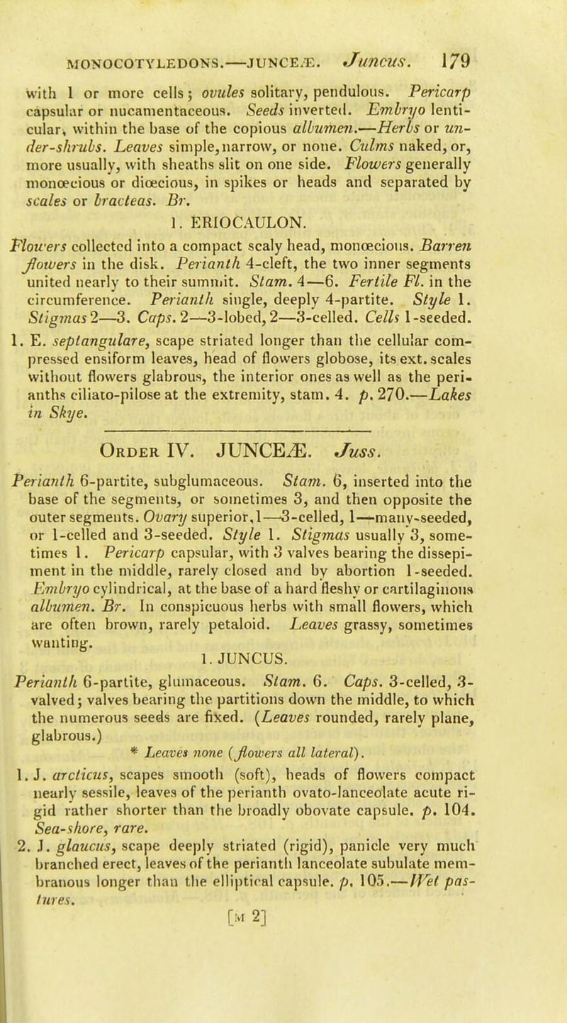 with 1 or more cells; ovules solitary, pendulous. Pericarp capsular or nucamentaceous. Seeds inverted. Embryo lenti- cular^ within the base of the copious albumen.—Herbs or un- der-shrubs. Leaves simple,narrow, or none. Culms naked, or, more usually, with sheaths slit on one side. Flowers generally monoecious or dicecious, in spikes or heads and separated by scales or bracleas. Br. 1. ERIOCAULON. Floivers collected into a compact scaly head, monoecious. Barren Jlowers in the disk. Perianth 4-eleft, the two inner segments united nearly to their summit. Stam. 4—6. Fertile Fl. in the circumference. Perianth single, deeply 4-partite. Style 1. Slig7nas2—3. Caps. 2—3-lobed, 2—3-celIed. Cells 1-seeded. 1. E. septangulare, scape striated longer than the cellular com- pressed ensiform leaves, head of flowers globose, its ext. scales without flowers glabrous, the interior ones as well as the peri- anths ciliato-pilose at the extremity, stam. 4. p. 270.—Lakes in Skye. Order IV. JUNCE^E. Juss. Perianth 6-partite, subglumaceous. Stam. 6, inserted into the base of the segments, or sometimes 3, and then opposite the outer segments. Of cry superior, 1—3-celled, 1—many-seeded, or 1-celled and 3-seeded. Style 1. Stigmas usually 3, some- times 1. Pericarp capsular, with 3 valves bearing the dissepi- ment in the middle, rarely closed and by abortion 1-seeded. Embryo cylindrical, at the base of a hard fleshy or cartilaginous albumen. Br. In conspicuous herbs with small flowers, which are often brown, rarely petaloid. Leaves grassy, sometimes wanting. 1. JUNCUS. Perianth 6-partite, gluinaceous. Stam. 6. Caps. 3-celled, 3- valved; valves bearing the partitions down the middle, to which the numerous seeds are fixed. (Leaves rounded, rarely plane, glabrous.) * Leaves none (Jlowers all lateral). 1. J. arcticus, scapes smooth (soft), heads of flowers compact nearly sessile, leaves of the perianth ovato-lanceolate acute ri- gid rather shorter than the broadly obovate capsule, p. 104. Sea-shore, rare. 2. J. glaucus, scape deeply striated (rigid), panicle very much branched erect, leaves of the perianth lanceolate subulate mem- branous longer than the elliptical capsule, p, 105.—HTet pas- tures. [k 2]