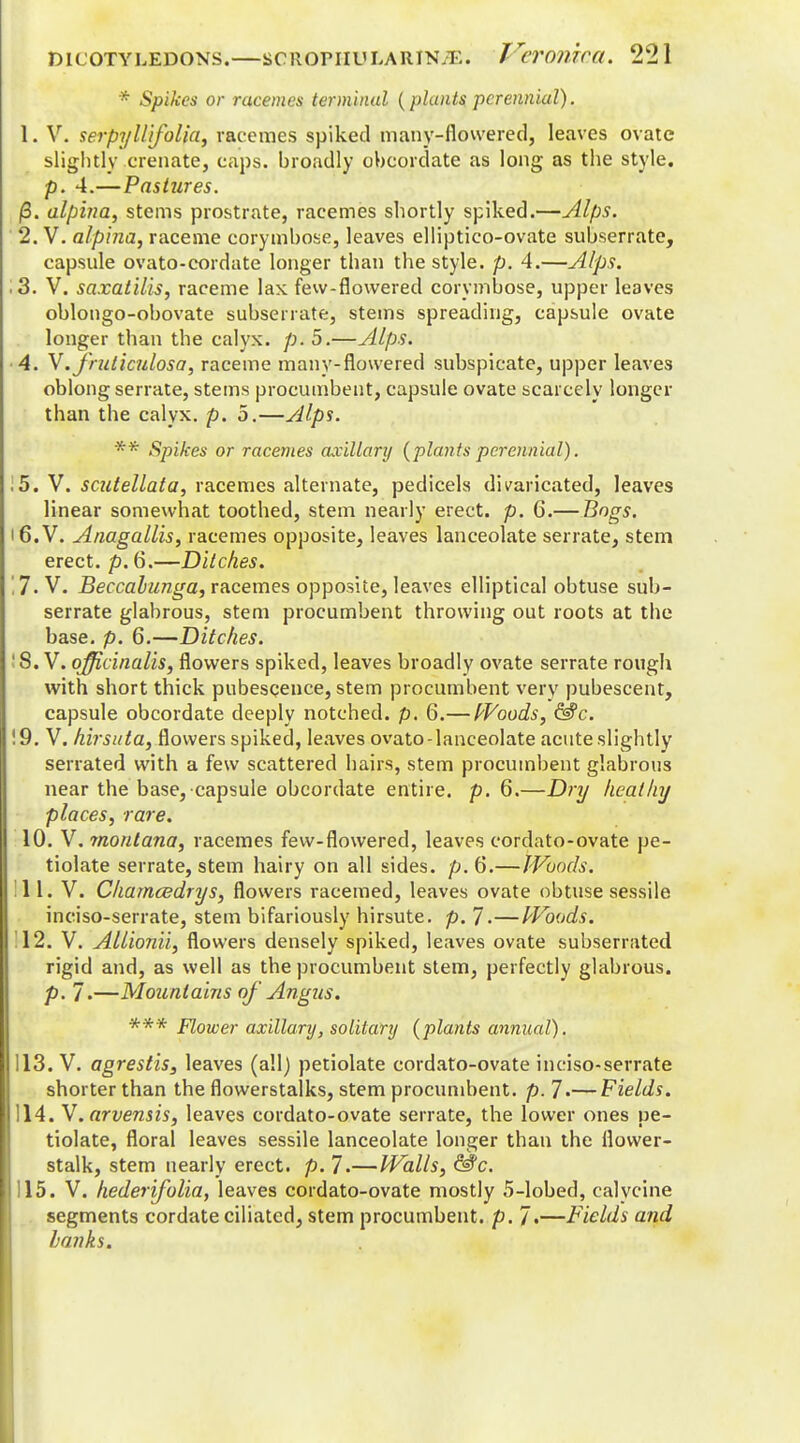 DICOTYLEDONS.—SCROPIIULARlNiE. JWonica. 22 1 * Spikes or racemes terminal (plants perennial). 1. V. serpyllifolja, racemes spiked many-flowered, leaves ovate slightly crenate, caps, broadly obcordate as long as the style. p. 4.—Pastures. j3. alpina, stems prostrate, racemes shortly spiked.—Alps. 2. V. alpina, raceme corymbose, leaves elliptico-ovate subserrate, capsule ovato-cordate longer than the style, p. 4.—Alps. ■ 3. V. saxat'dis, raceme lax few-flowered corymbose, upper leaves oblongo-obovate subserrate, stems spreading, capsule ovate longer than the calyx, p. 5.—Alps. 4. V'. fruticulosa, raceme many-flowered subspicate, upper leaves oblong serrate, stems procumbent, capsule ovate scarcely longer than the calyx, p. 5.—Alps. ** Spikes or racemes axillary {plants perennial). ,5. V. scutellata, racemes alternate, pedicels divaricated, leaves linear somewhat toothed, stem nearly erect, p. 6.—Bogs. 16.V. Anagallis, racemes opposite, leaves lanceolate serrate, stem erect, p. 6.—Ditches. ',7. V. Beccabunga, racemes opposite, leaves elliptical obtuse sub- serrate glabrous, stem procumbent throwing out roots at the base. p. 6.—Ditches. ' 8. V. officinalis, flowers spiked, leaves broadly ovate serrate rough with short thick pubescence, stem procumbent very pubescent, capsule obcordate deeply notched, p. 6.— Woods, <^c. !9. V. hirsuta, flowers spiked, leaves ovato-lanceolate acute slightly serrated with a few scattered hairs, stem procumbent glabrous near the base, capsule obcordate entire, p. 6.—Dry heathy places, rare. 10. V. montana, racemes few-flowered, leaves cordato-ovate pe- tiolate serrate, stem hairy on all sides, p. 6.—Woods. 111. V. Chamcedrys, flowers racemed, leaves ovate obtuse sessile inciso-serrate, stem bifariously hirsute, p. 7•—Woods. 12. V. Allionii, flowers densely spiked, leaves ovate subserrated rigid and, as well as the procumbent stem, perfectly glabrous. p. 7.—Mountains of Angus. *** Flower axillary, solitary (plants annual). 113. V. agrestis, leaves (all) petiolate cordato-ovate inciso-serrate shorter than the flowerstalks, stem procumbent, p. 7.— Fields. 114. V.arvensis, leaves cordato-ovate serrate, the lower ones pe- tiolate, floral leaves sessile lanceolate longer than the flower- stalk, stem nearly erect, p. 7.—Walls, &c. 115. V. hederifolia, leaves cordato-ovate mostly 5-lobed, calycine segments cordate ciliated, stem procumbent, p. 7.—Fields and banks.