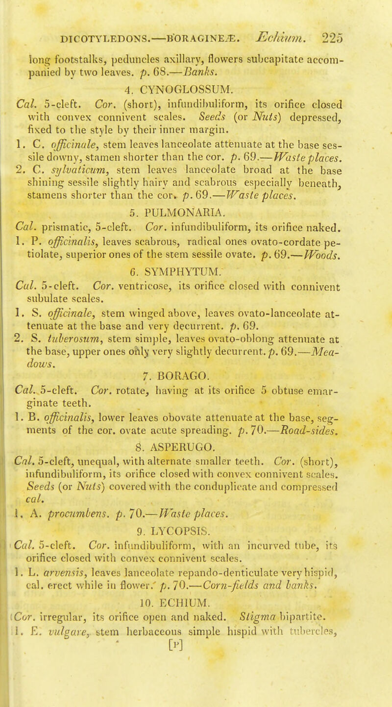 long footstalks, peduncles axillary, flowers subcapitate accom- panied by two leaves, p. 68.— Banks. 4. CYNOGLOSSUM. Cal. 5-cleft. Cor. (sbort), infundibuliform, its orifice closed with convex connivent scales. Seeds (or Nuls) depressed, fixed to the style by their inner margin. \. C. officinale, stem leaves lanceolate attenuate at the base ses- sile downy, stamen shorter than the cor. p. 69.—Waste places. 2. C. sylvaticum, stem leaves lanceolate broad at the base shining sessile slightly hairy and scabrous especially beneath^ stamens shorter than the cor. p. 69.—Waste places. 5. PULMONARIA. Cal. prismatic, 5-cleft. Cor. infundibuliform, its orifice naked. 1. P. officinalis, leaves scabrous, radical ones ovato-cordate pe- tiolate, superior ones of the stem sessile ovate, p. 69.—Woods. 6. SYMPHYTUM. Cal. 5-cleft. Cor. ventrico.se, its orifice closed with connivent subulate scales. 1. S. officinale, stem winged above, leaves ovato-lanceolate at- tenuate at the base and very decurrent. p. 69. 2. S. tuberosum, stem simple, leaves ovato-oblong attenuate at the base, upper ones ohly very slightly decurrent. p. 69.—Mea- dows. 7. BORAGO. Cal. 5-cleft. Cor. rotate, having at its orifice 5 obtuse einar- ginate teeth. 1. B. officinalis, lower leaves obovate attenuate at the base, seg- ments of the cor. ovate acute spreading, p. 70.—Road-sides. g. ASPERUGO. Cal. 5-cleft, unequal, with alternate smaller teeth. Cor. (short), infundibuliform, its orifice closed with convex connivent scales. Seeds (or Nuts) covered with the conduplicate and compressed cal. 1. A. procumbens. p. 70.— Waste places. 9. LYCOPSIS. Cal. 5-cleft. Cor. infundibuliform, with an incurved tube, its orifice closed with convex connivent scales. I. L. arvensis, leaves lanceolate repando-denticulate very hispid, cal. erect while in flower.' p. 70.—Corn-fields and banks. 10. ECH1UM. ''.Cor. irregular, its orifice open and naked. Stigma bipartite. II. E. vulgare, btem herbaceous simple hispid with tubercles, 0]