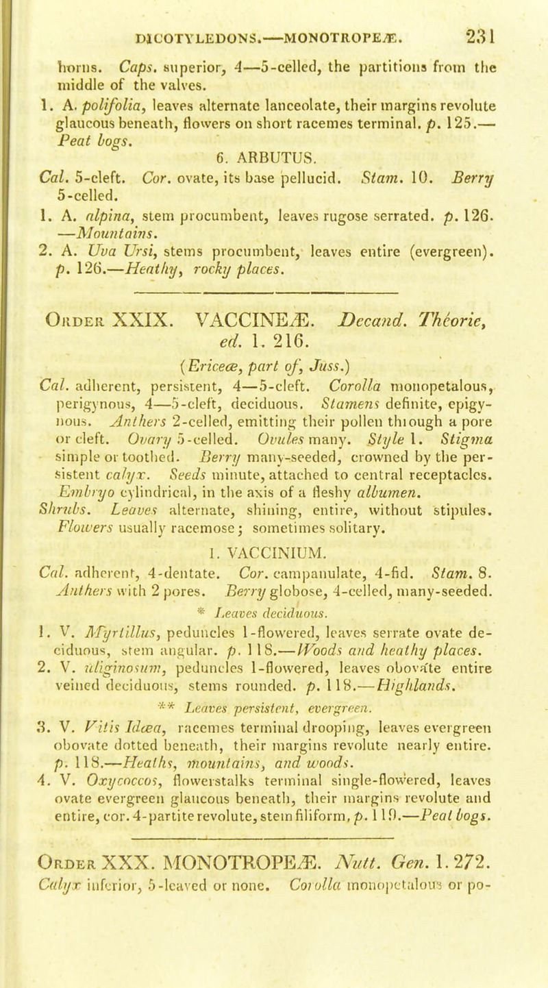 DICOTYLEDONS. MONOTROPE^E. 23 1 horns. Caps, superior, 4—5-celled, the partitions from the middle of the valves. 1. A. polifolia, leaves alternate lanceolate, their margins revolute glaucous beneath, flowers on short racemes terminal, p. 125.— Peat logs. 6. ARBUTUS. Cal. 5-cleft. Cor. ovate, its base pellucid. Stam. 10. Berry 5-celled. 1. A. alpina, stem procumbent, leaves rugose serrated, p. 126. —Mountains. 2. A. Uva Ursi, stems procumbent, leaves entire (evergreen), p. 126.—Heathy, rocky places. Order XXIX. VACCINE.E. Dccand. Theorie, ed. 1. 216. (Ericece, part of, Juss.) Cal. adherent, persistent, 4—5-cleft. Corolla monopetalous, perigynous, 4—5-cleft, deciduous. Stamem definite, epigy- lious. Anthers 2-celled, emitting their pollen thiough a pore or cleft. Ovary 5-celled. Ovules many. Style 1. Stigma simple or toothed. Berry many-seeded, crowned by the per- sistent calyx. Seeds minute, attached to central receptacles. Embryo cylindrical, in the axis of a fleshy albumen. Shrubs. Leaves alternate, shining, entire, without stipules. Flowers usually racemose; sometimes solitary. I. VACCINIUM. Cal. adherent, 4-dentate. Cor. campanulate, 4-fid. Stam. 8. Anthers with 2 pores. Berry globose, 4-celled, many-seeded. * Leaves deciduous. \. V. MyrtilluSy peduncles 1-flowered, leaves serrate ovate de- ciduous, stem angular, p. 1 18.—Woods and heathy places. 2. V. uliginosum, peduncles 1-flowered, leaves obova'te entire veined deciduous, stems rounded, p. 118.—Highlands. ** Leaves persistent, evergreen. 3. V. Vii'is Idcea, racemes terminal drooping, leaves evergreen obovate dotted beneath, their margins revolute nearly entire, p. 118.—Heaths, rhountainSy and woods. 4. V. Oxycaccos, flowerstalks terminal single-flowered, leaves ovate evergreen glaucous beneath, their margins revolute and entire, cor. 4-partite revolute, stem filiform, p. 110.—Peal bogs. Order XXX. MONOTROPE^E. Nutt. Gen. 1.272. Calyx inferior, 5-leaved or none. Corolla mbnopetalofls or po-