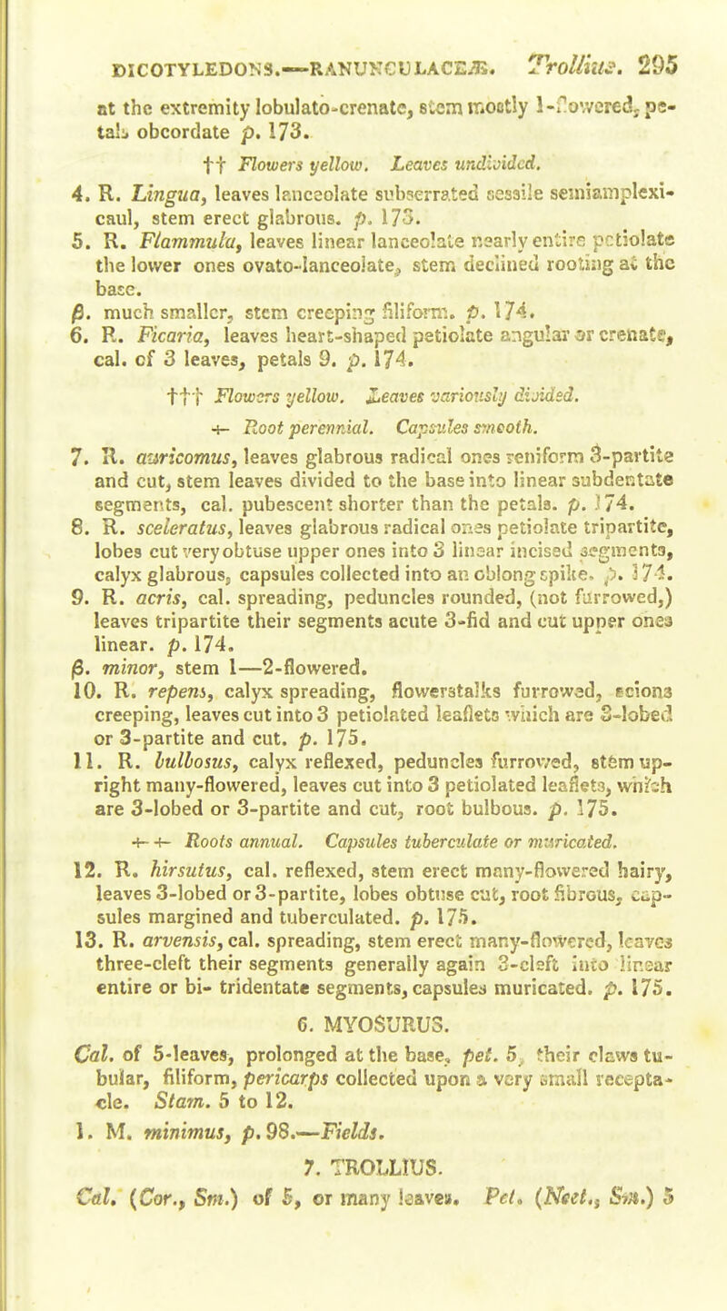 DICOTYLEDONS.—RANUKCULACE^i. TroUlUS. 295 nt the extremity lobulato-crenate, 6iem moody l-Hovveredj pe- tals obcordate p. 173. ft Flowers yellow. Leaves undivided. 4. R. Lingua, leaves lanceolate subscripted sessile semiamplexi- caul, stem erect glabrous, p. 173. 5. R. Flammuluy leaves linear lanceolate nearly entire petiolate the lower ones ovato-IanceoJate^ stem declined rooting ai the base. 0. much smaller, stem creeping filiform, p. 174. 6. R. Ficaria, leaves heart-shaped petiolate angular crenate, cal. cf 3 leaves, petals 9. p. 174. ttt Flowers yellow. Zeaves variously dijidsd. 4- Root perennial. Capsules smooth. 7. R. auricomus, leaves glabrous radical ones -eniform 3-partite and cut, stem leaves divided to the base into linear subdentate segments, cal. pubescent shorter than the petals, p. J 74. 8. R. sceleratus, leaves glabrous radical ones petiolate tripartite, lobes cut very obtuse upper ones into 3 linear incised segments, calyx glabrous, capsules collected into an oblong spike- p. 3 75. 9. R. acris, cal. spreading, peduncles rounded, (not farrowed,) leaves tripartite their segments acute 3-fid and cut upper ones linear, p. 174. (8. minor, stem I—2-flowered. 10. R. repem, calyx spreading, flovver3taJks furrowed, scion3 creeping, leaves cut into 3 petiolated leaflets which are S- lobed or 3-partite and cut. p. 175. 11. R. lullosus, calyx reflexed, peduncles furrowed, stem up- right many-flowered, leaves cut into 3 petiolated leaflets, whfoh are 3-lobed or 3-partite and cut, root bulbous, p. 175. +- +- Roots annual. Capsules tuberculate or muricated. 12. R. hirsutus, cal. reflexed, stem erect many-flowered hairy, leaves 3-lobed or 3-partite, lobes obtuse cut, root fibrous, cap- sules margined and tuberculated. p. 175. 13. R. arvensis, cal. spreading, stem erect many-flnWcred, leaves three-cleft their segments generally again 3-clsft into linear entire or bi- tridentate segments, capsules muricated. p. 175. 6. MYOSURU3. Cal. of 5-leaves, prolonged at the base, pet. 5, their claws tu- bular, filiform, pericarps collected upon a very small recepta- cle. Stain. 5 to 12. 1. M. minimus, p. 98.-—Fields. 7. TROLLIUS.